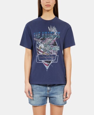 The Kooples DAMEN WASHED NAVY marineblaues t-shirt mit schnürung und eagle-siebdruck