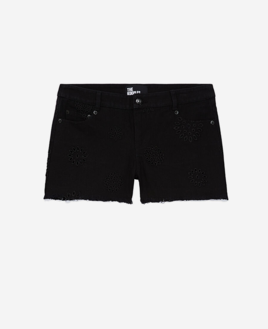 black denim shorts with broderie anglaise