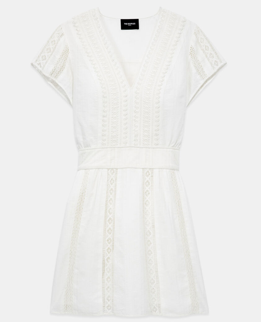 The Kooples WOMEN OFF WHITE short ecru embroidered dress w/ ribbon detail