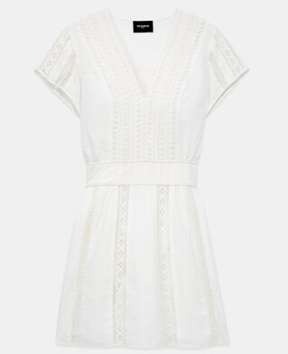 The Kooples WOMEN OFF WHITE short ecru embroidered dress w/ ribbon detail