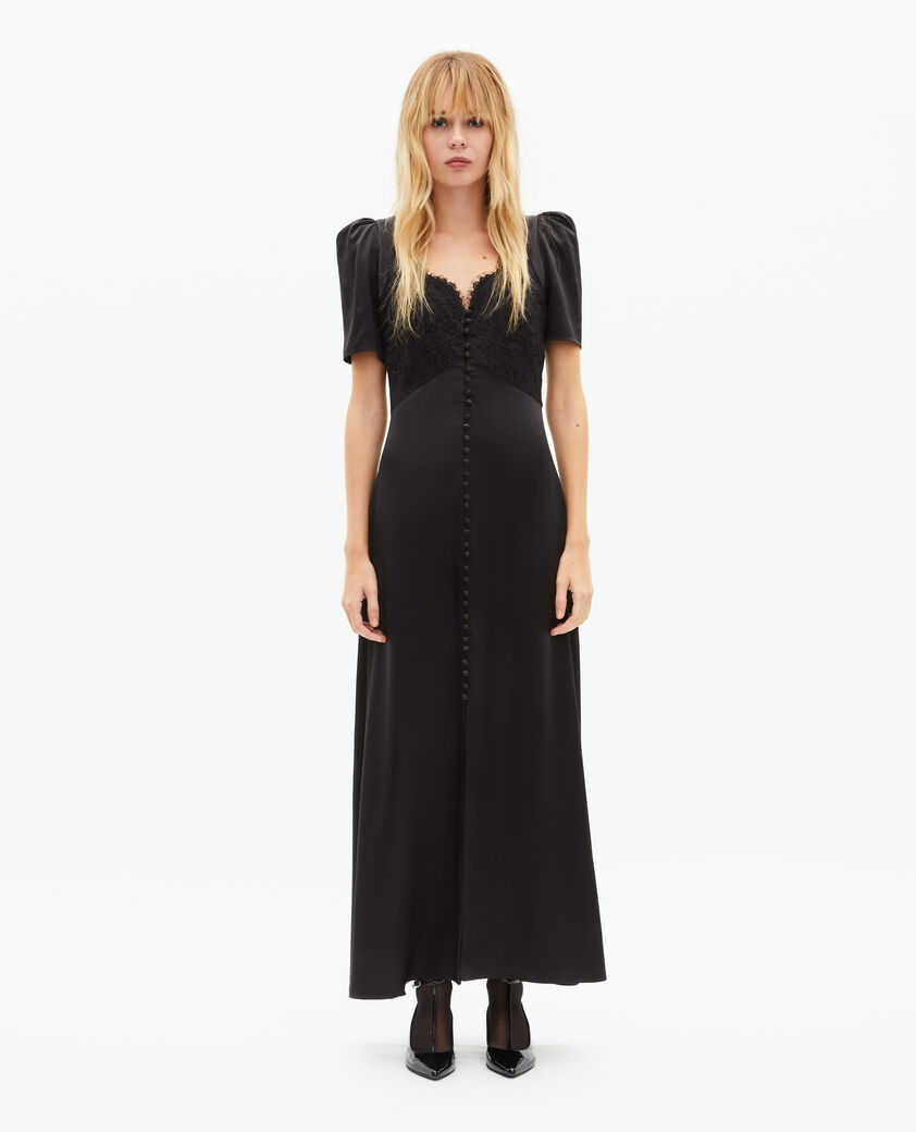 The Kooples WOMEN BLACK silk maxi dress with black lace