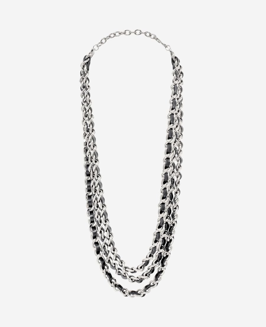 The Kooples F BLACK SILVER necklace with leather and silver chains