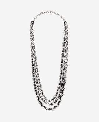 The Kooples F BLACK SILVER necklace with leather and silver chains