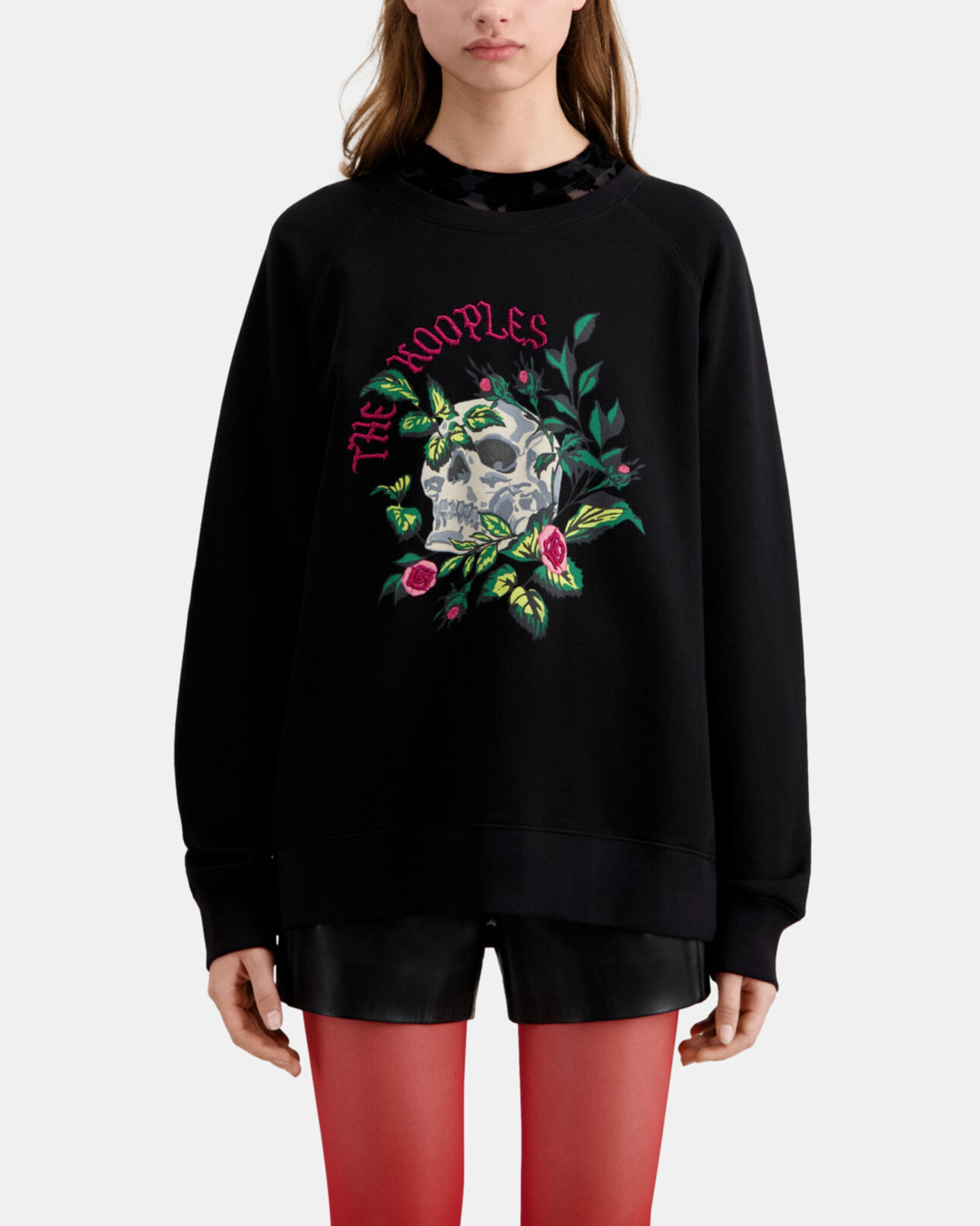The Kooples WOMEN BLACK black sweatshirt with skull - roses serigraphy