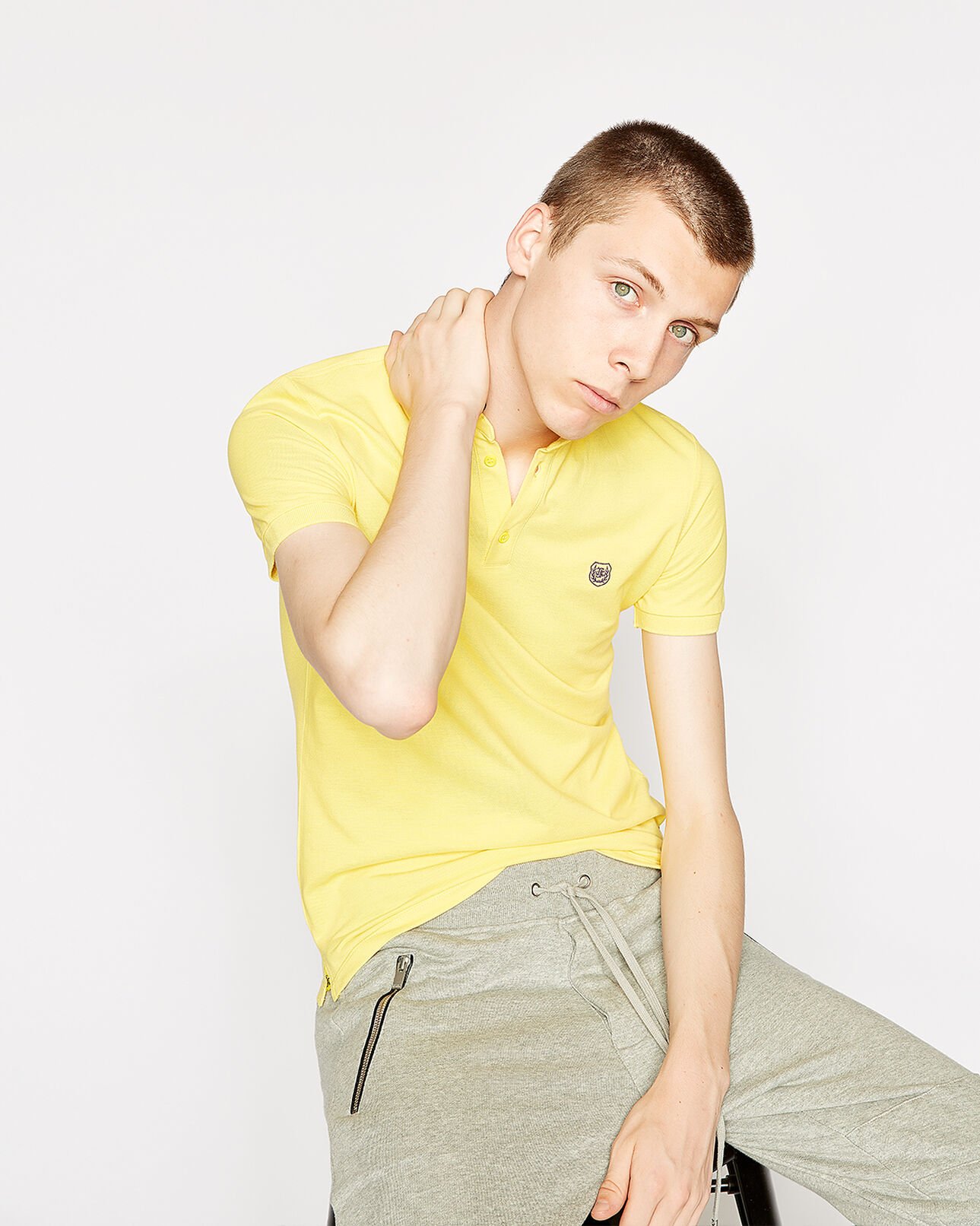 The Kooples MEN CANARY YELLOW / PURPLE bright yellow cotton polo shirt with officer collar and purple details