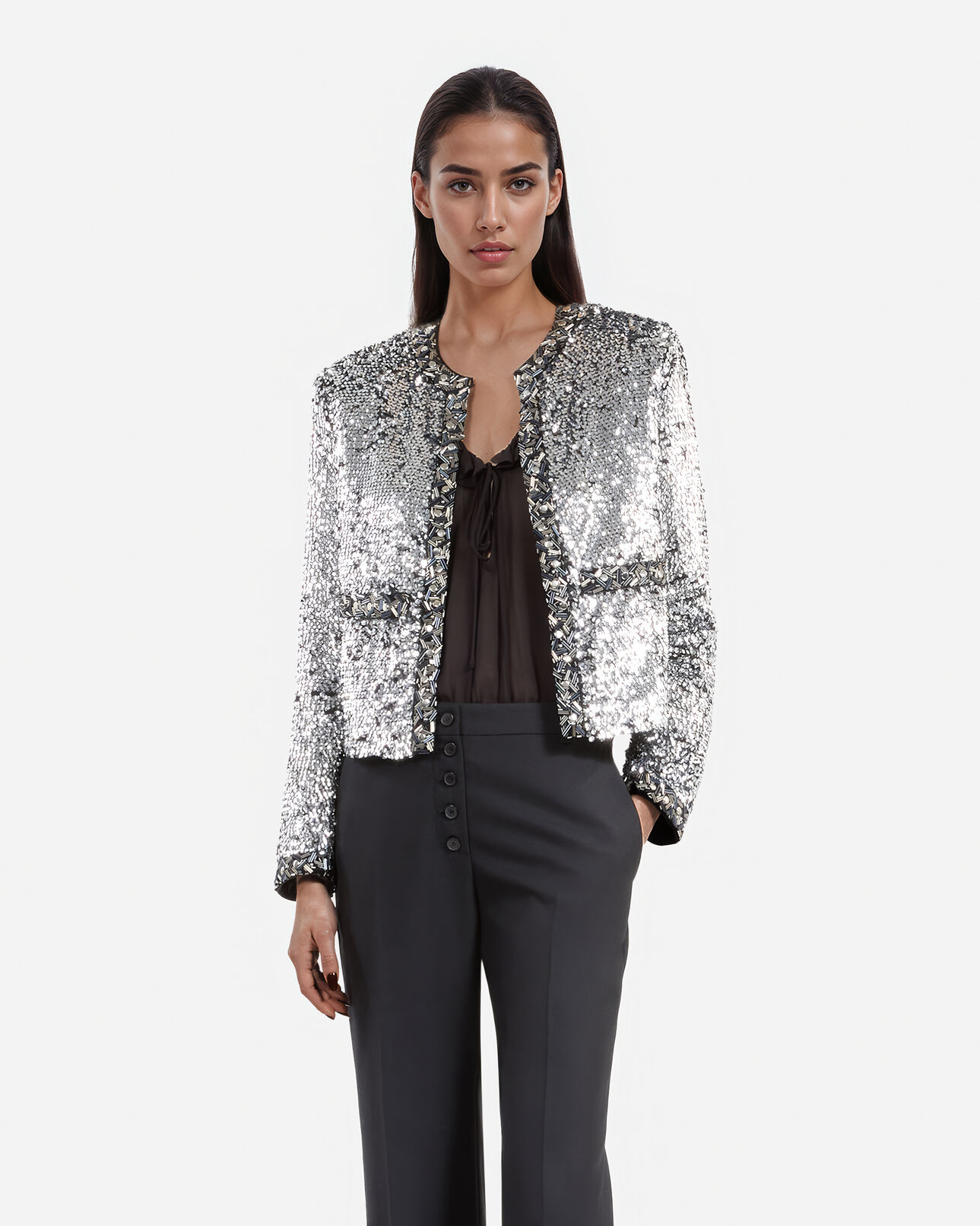 The Kooples FEMME SILVER veste à sequins et perles argentée