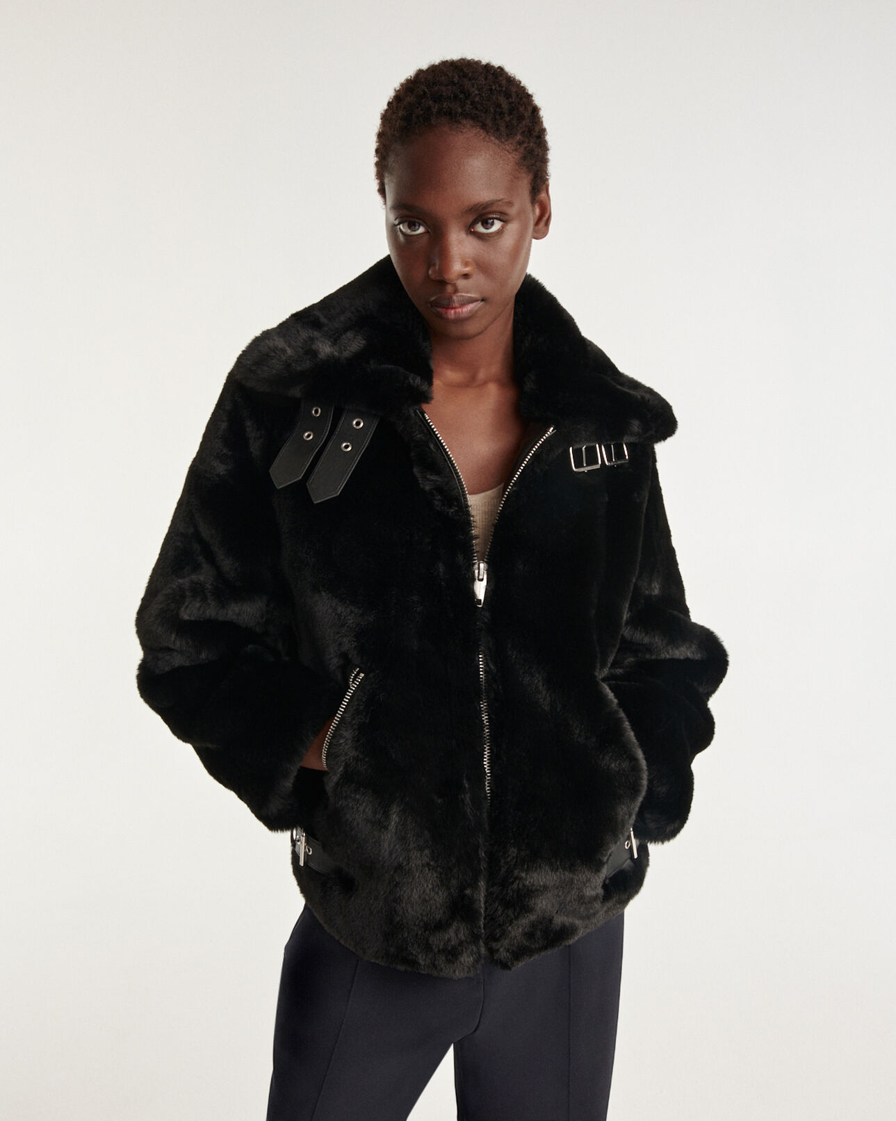 The Kooples WOMEN BLACK black leather and faux fur coat