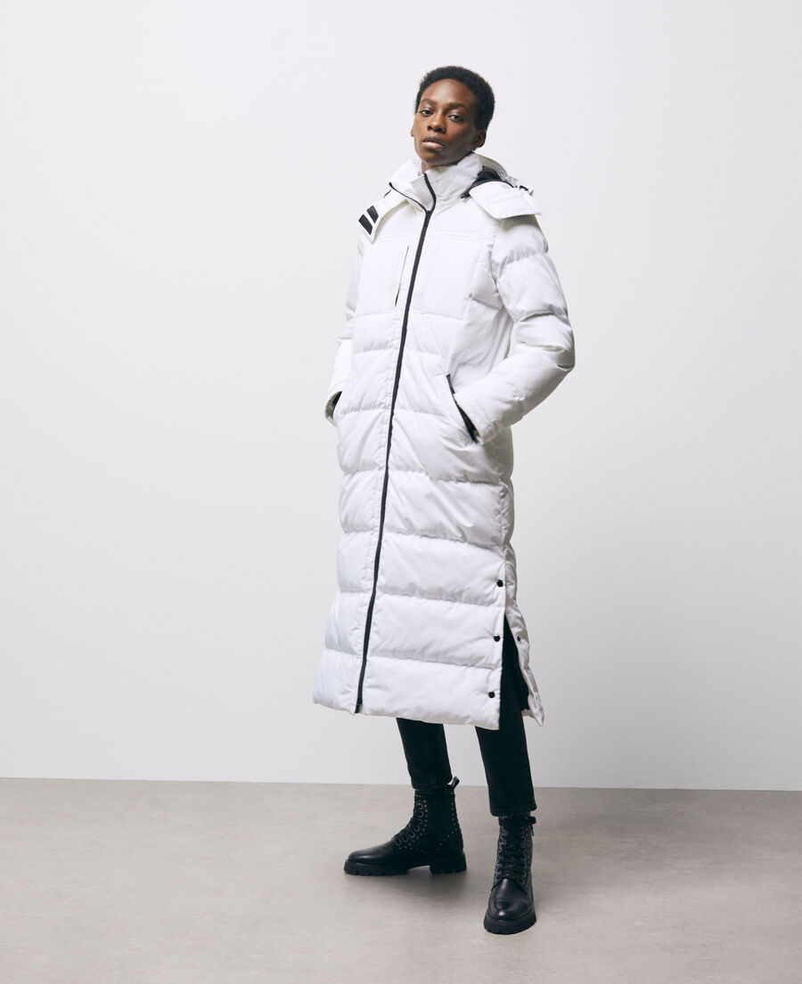 long white down jacket with straps and logo