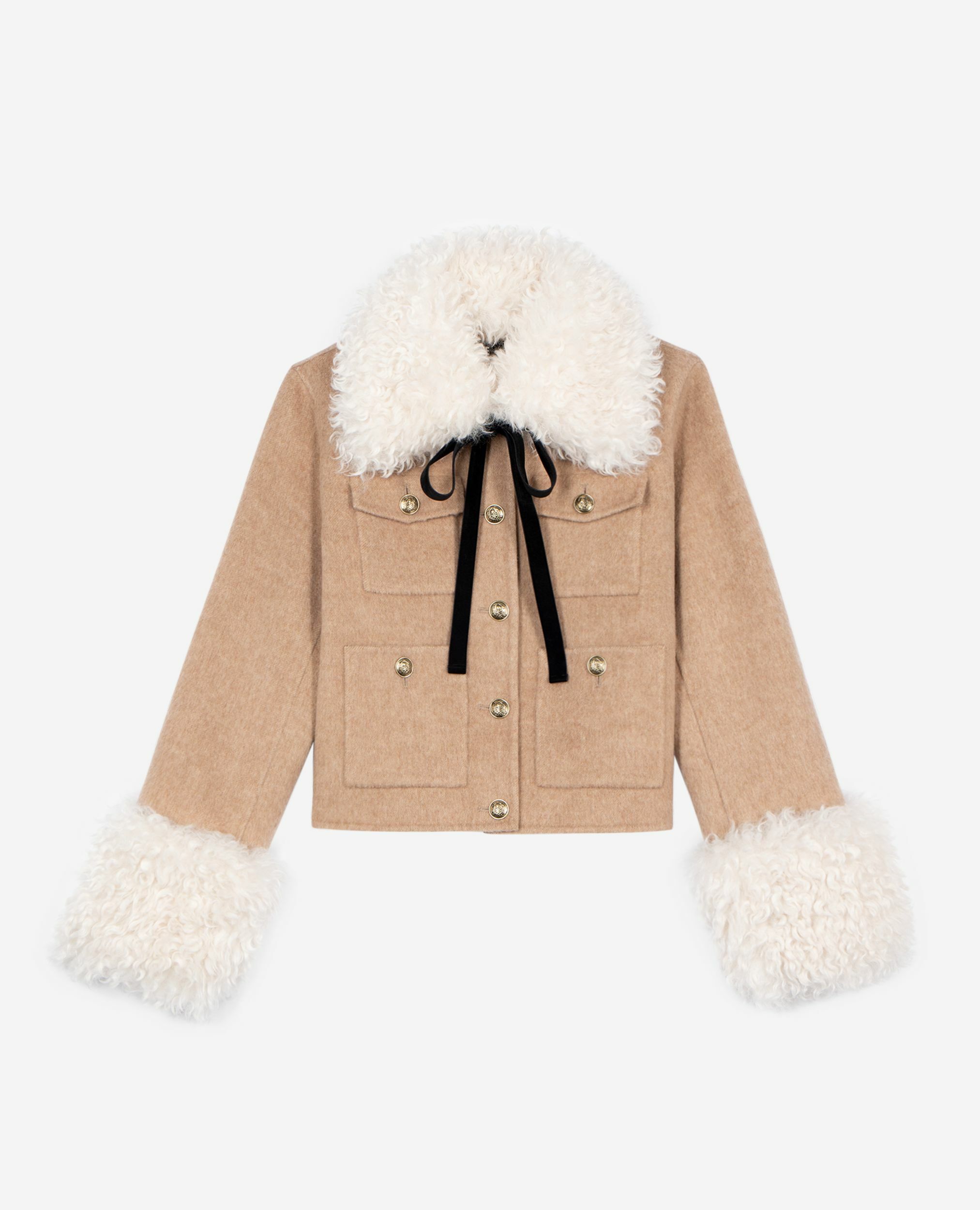 Chaqueta beige con cuello de sherpa, BEIGE LINEN, hi-res image number null