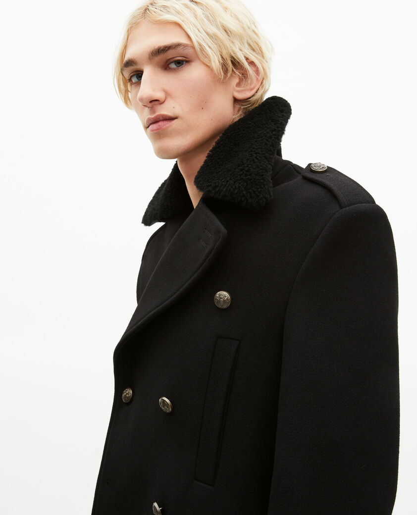 The Kooples MEN BLACK long black wool coat with sherpa collar