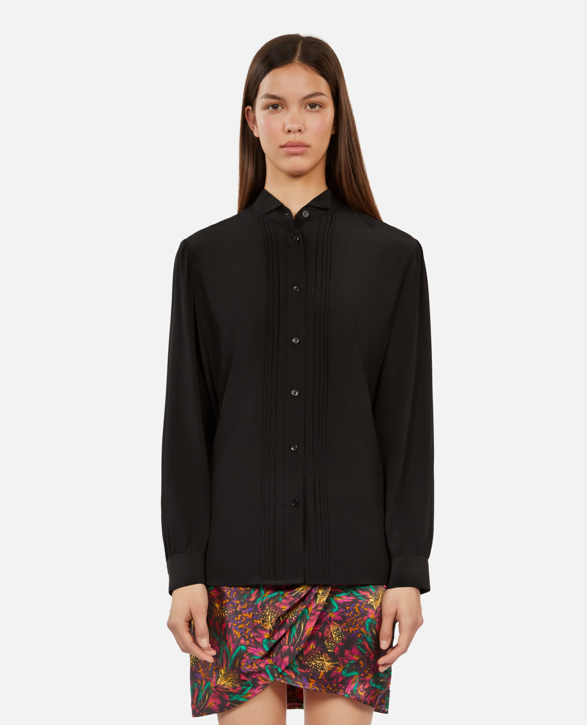 Black silk shirt with pleating, BLACK, hi-res image number null