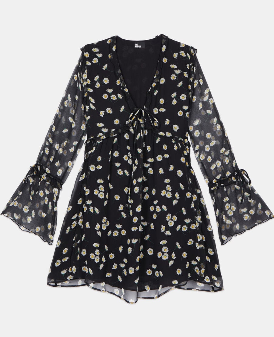 The Kooples WOMEN BLACK WHITE floral printed silk short dress
