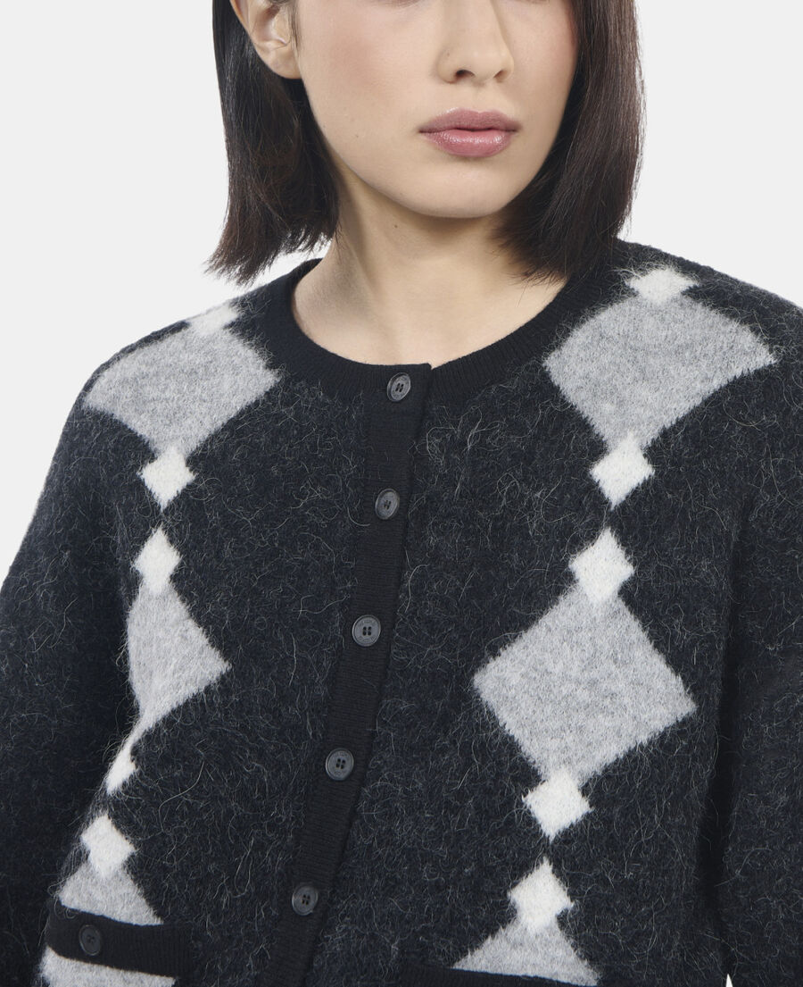 The Kooples DAMEN BLACK GREY WHITE grauer cardigan mit rauten aus alpaka