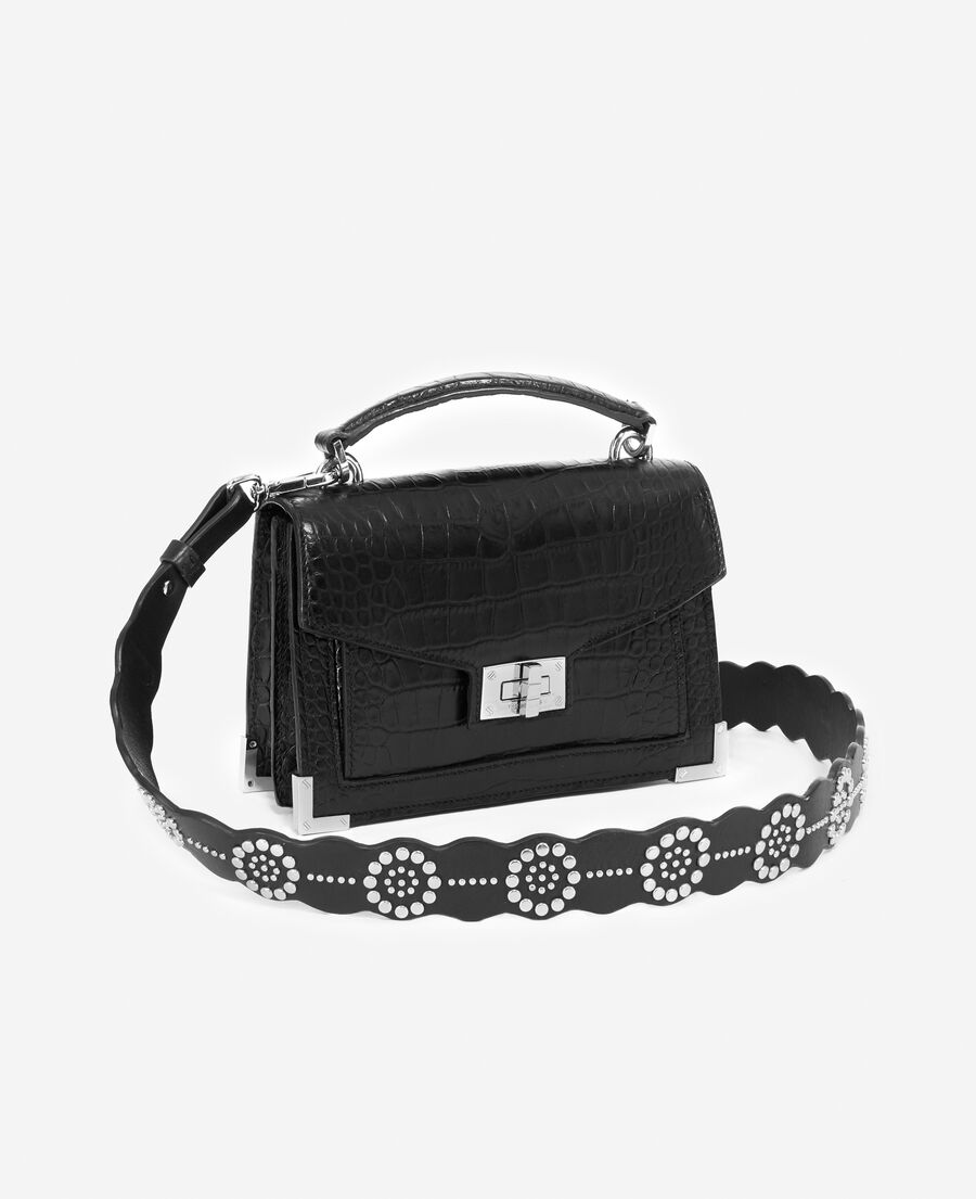 black leather strap with silver flower details