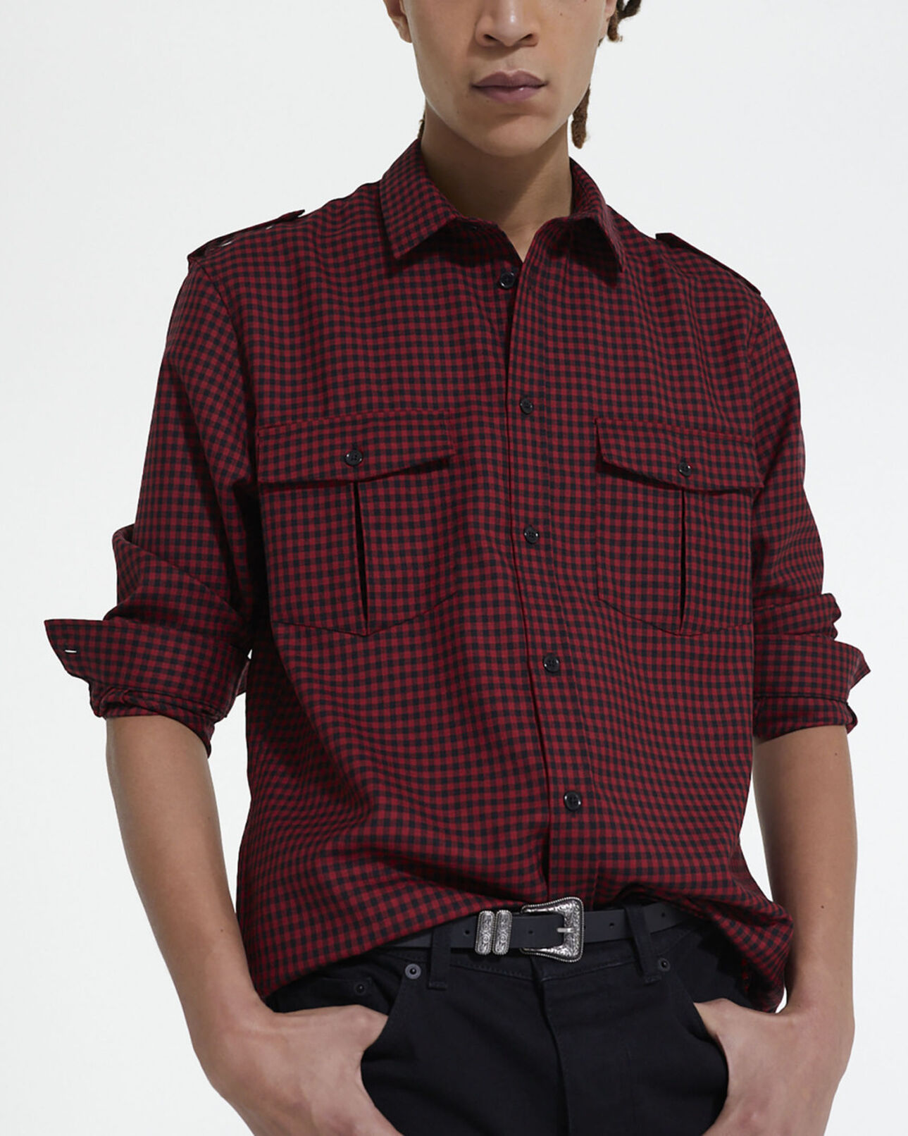 The Kooples HOMME RED / BLACK chemise col classique en laine à carreaux