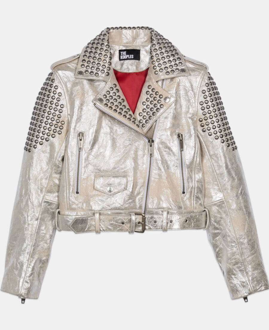 The Kooples FEMME 52 ARGENT VIEILLI CORNE blouson clouté en cuir argenté