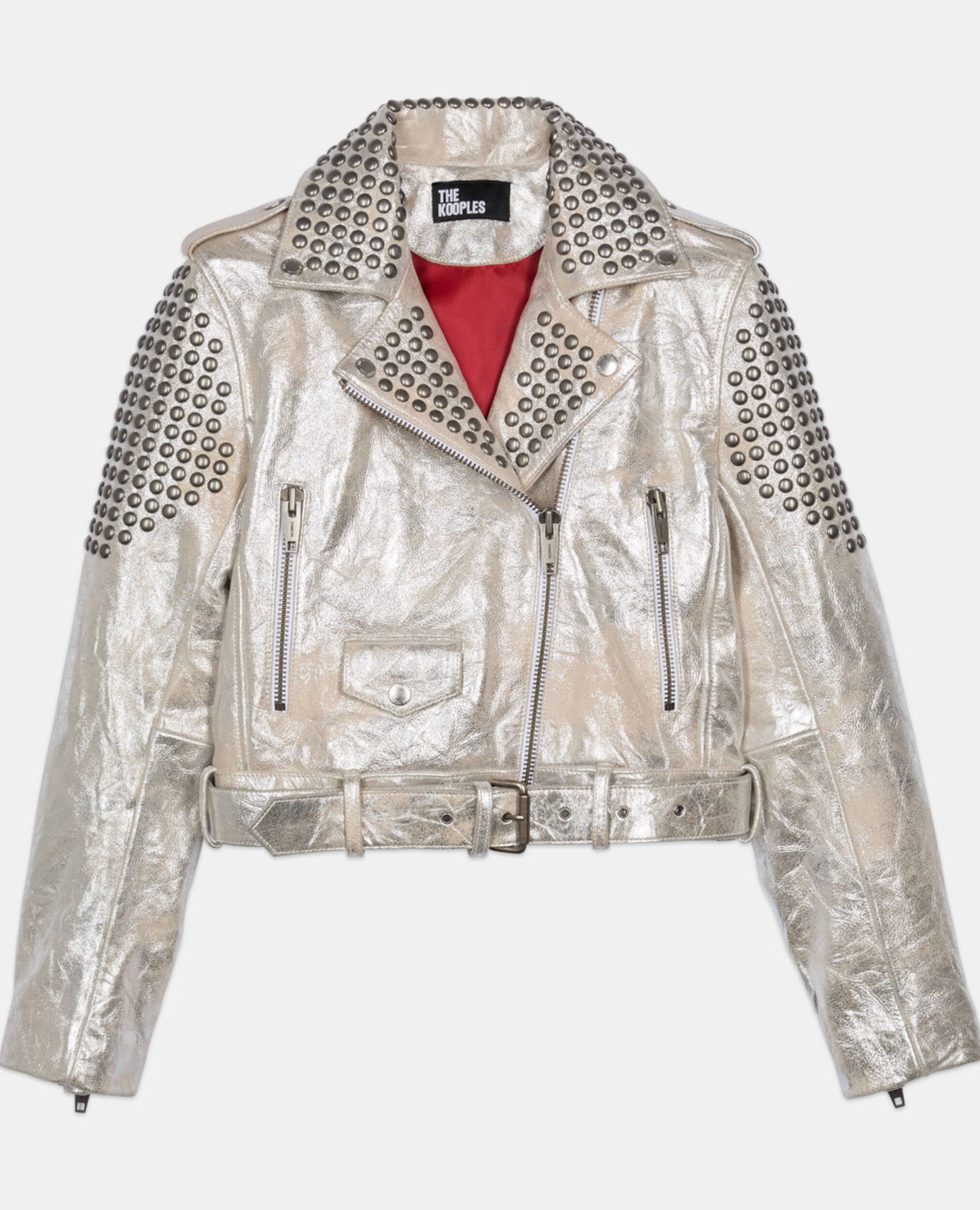 Blouson clouté en cuir argenté, 52 ARGENT VIEILLI CORNE, hi-res image number null