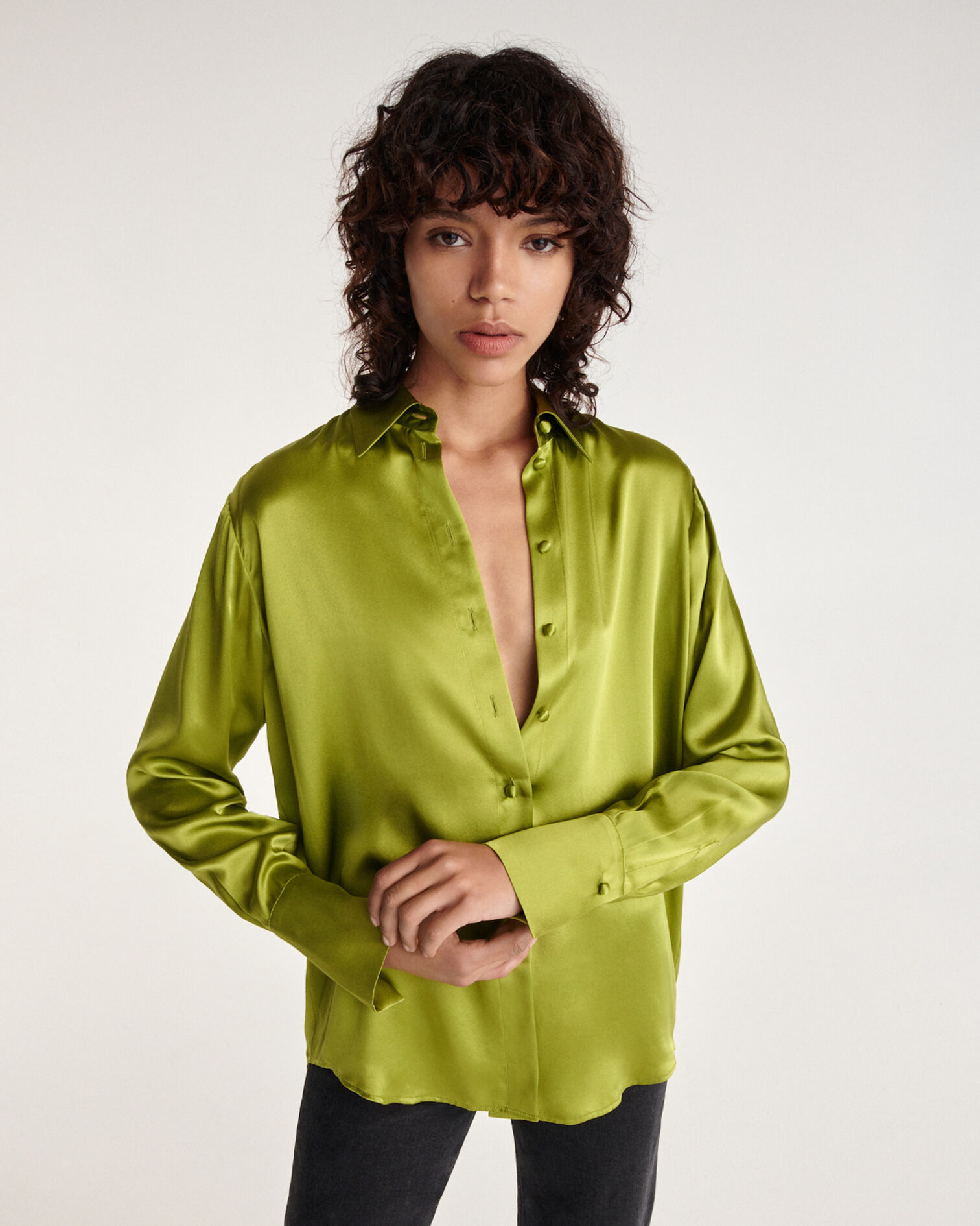 Khaki silk shirt with French cuffs, KAKI, hi-res image number null