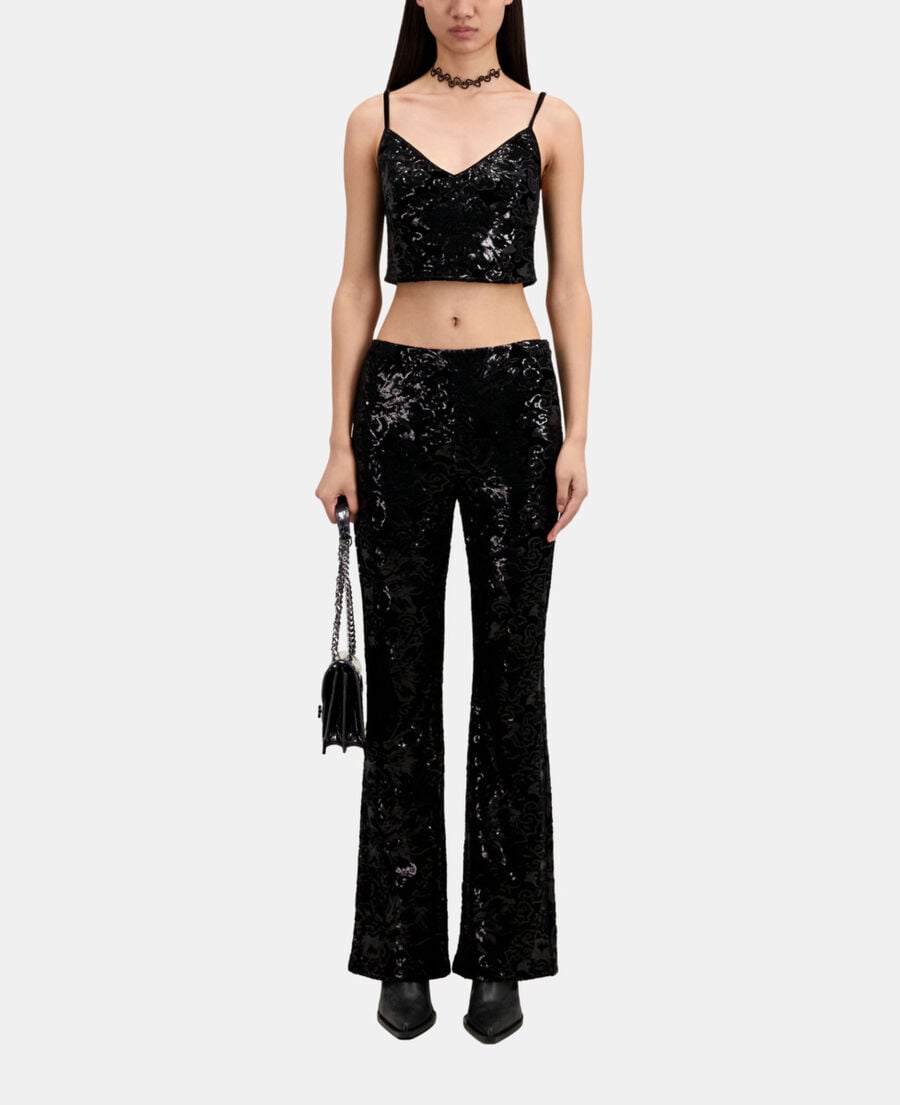 The Kooples FEMME BLACK pantalon flare en velours avec sequins noir