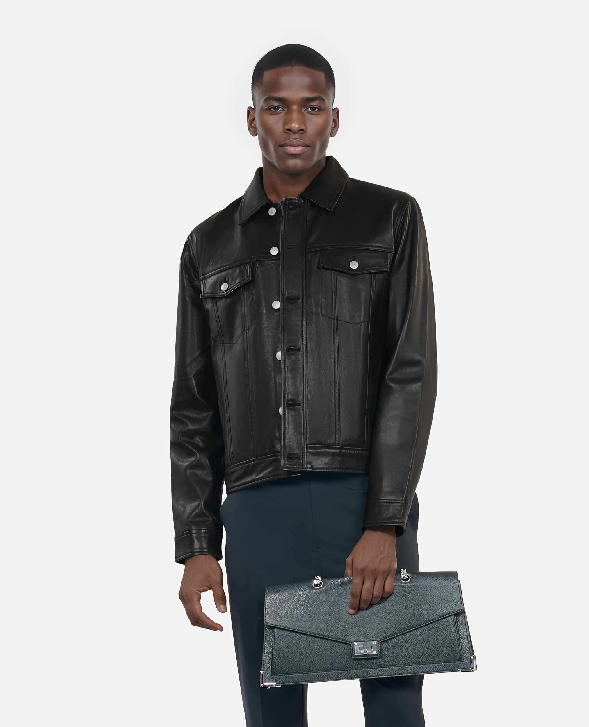 Blouson en cuir noir, BLACK, hi-res image number null