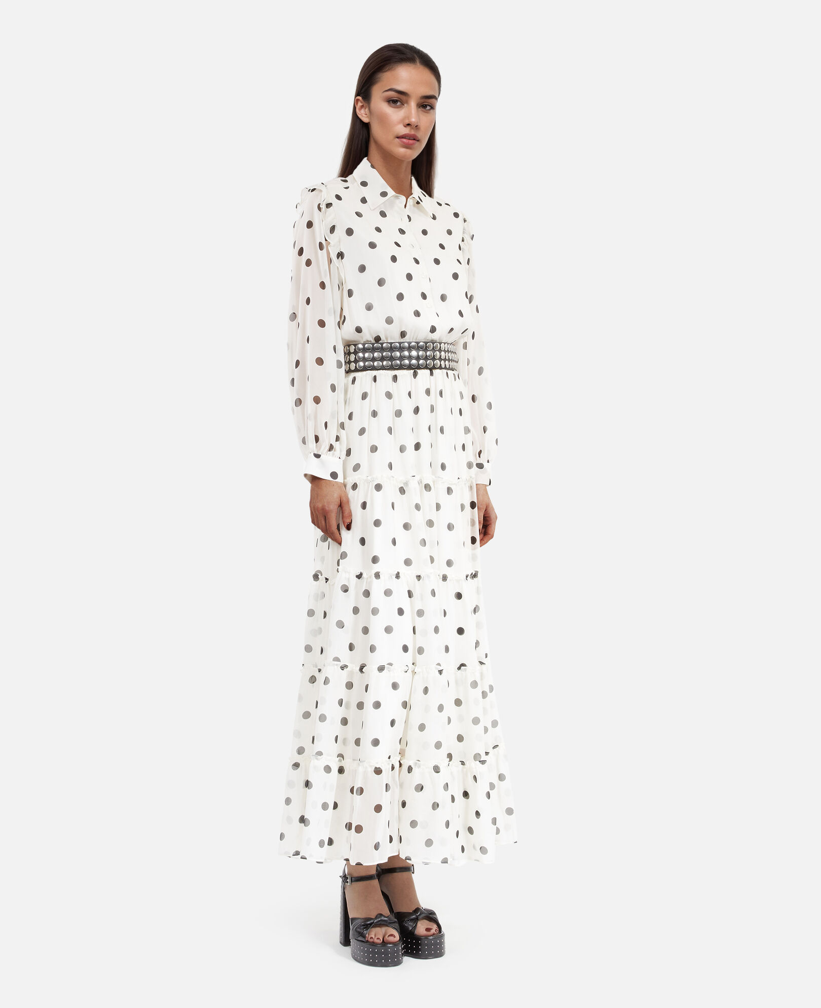 The Kooples WOMEN WHITE / BLACK long white dress with ecru polka dots