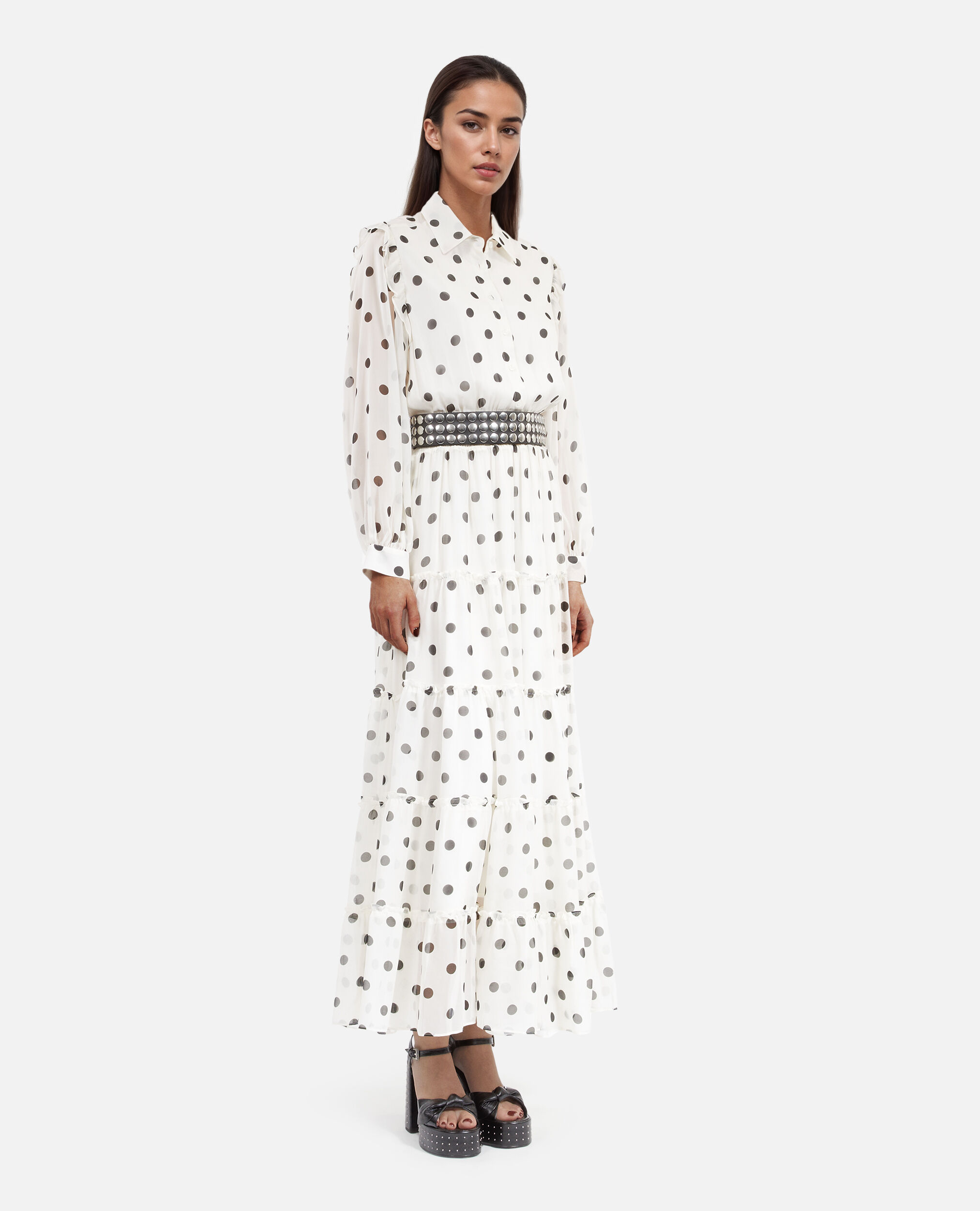 Long white dress with ecru polka dots, WHITE / BLACK, hi-res image number null