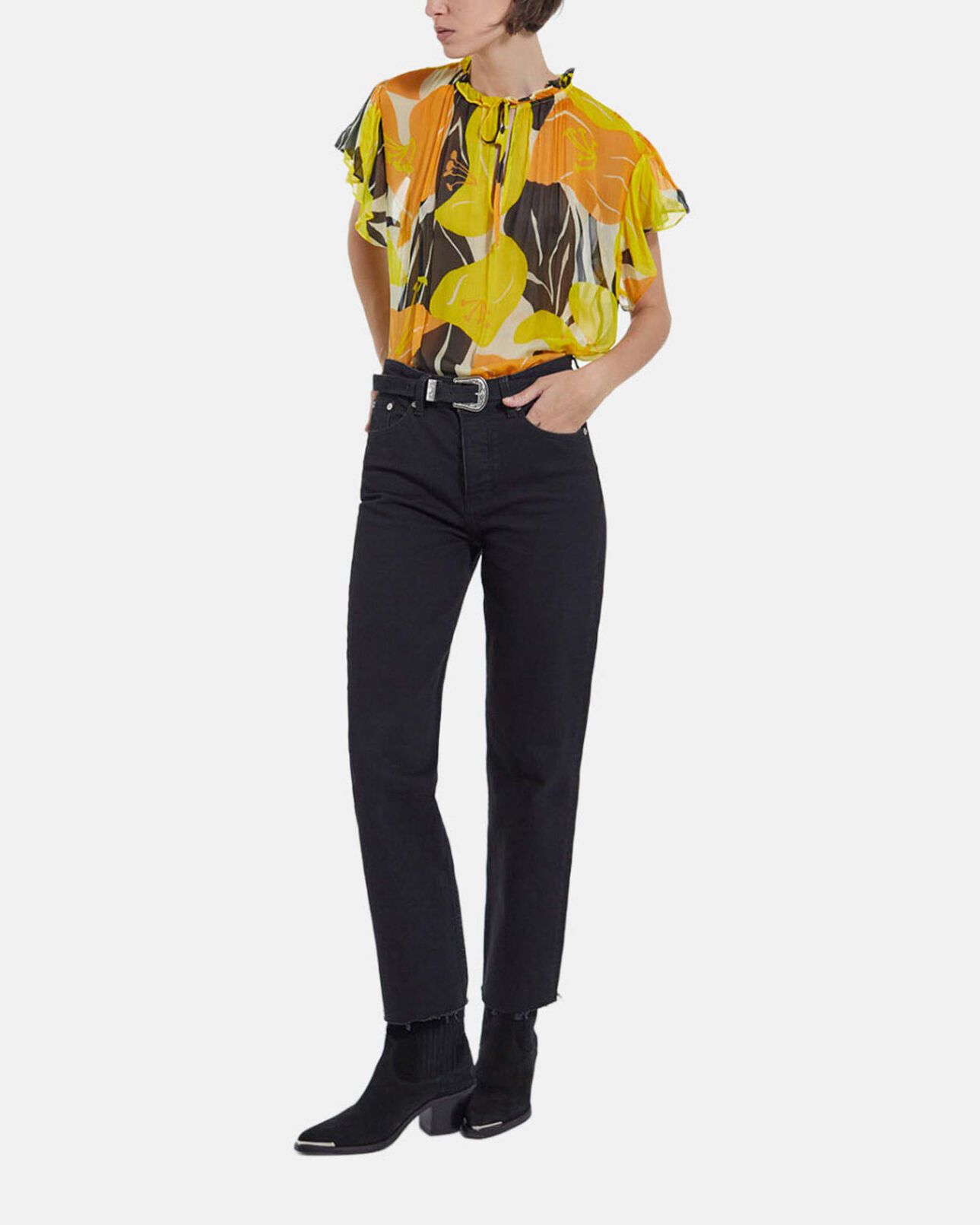 The Kooples DAMEN YELLOW fließendes bedrucktes gelbes top mit volants