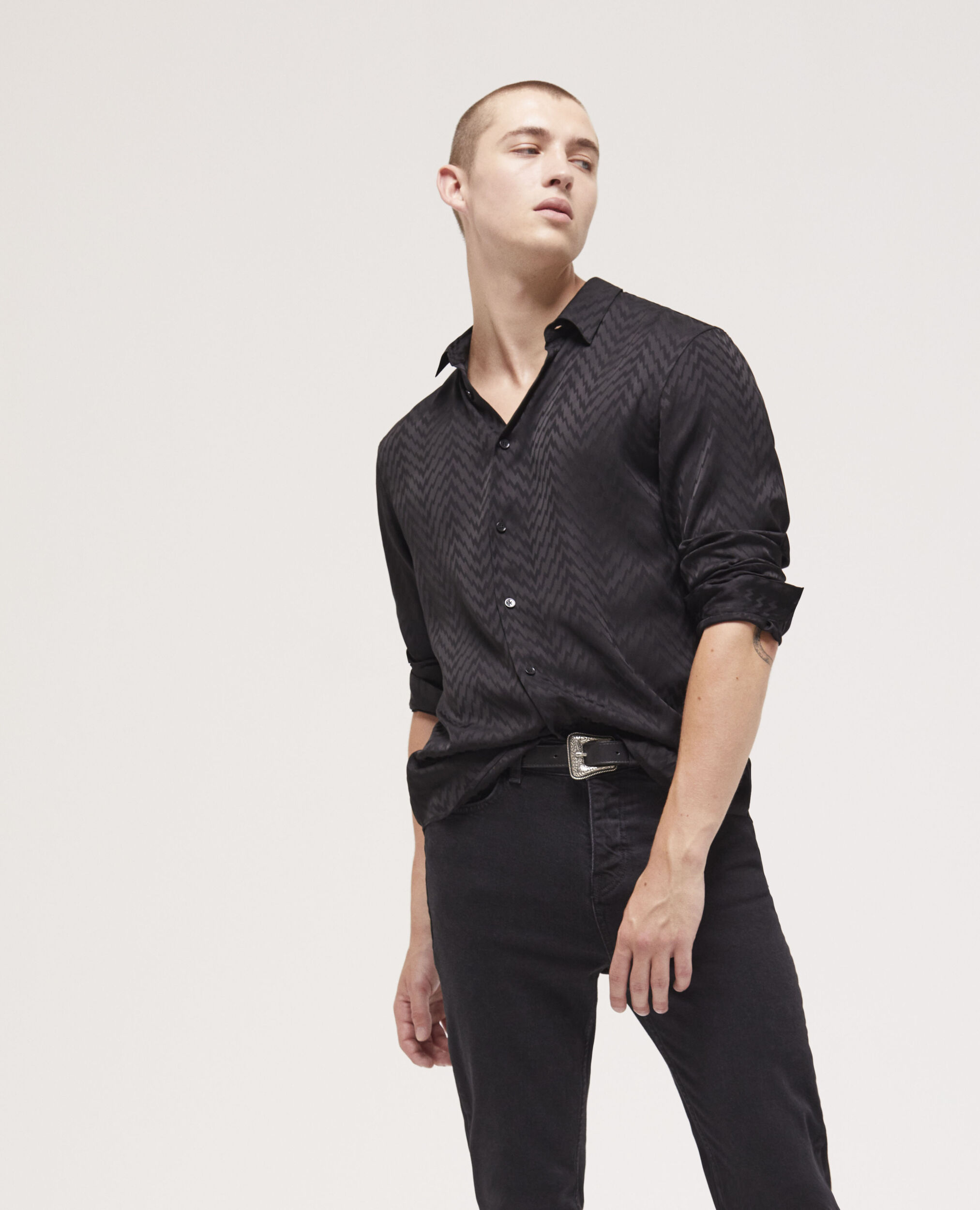 Black jacquard shirt with classic collar, BLACK, hi-res image number null
