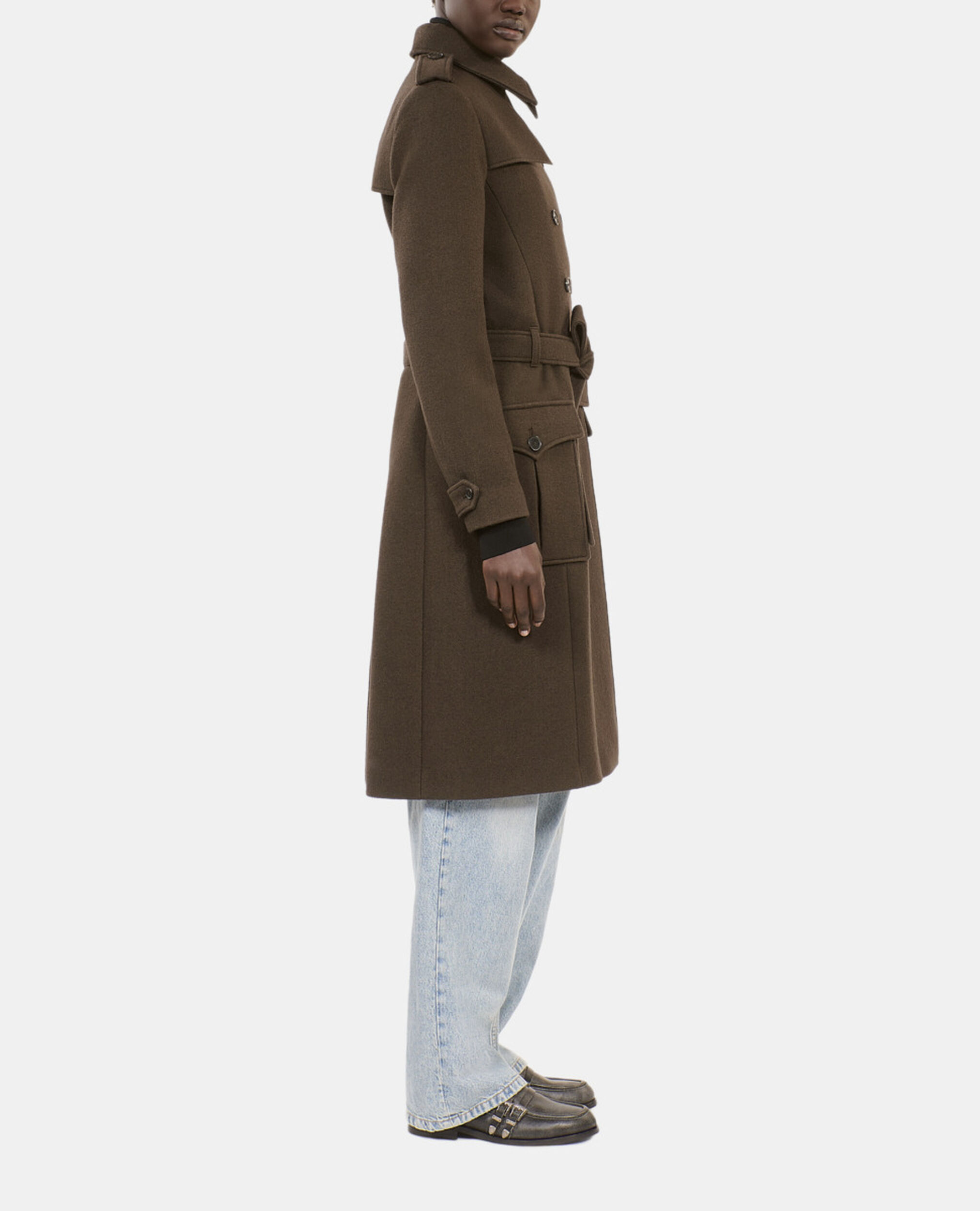 Long wool coat in khaki trench style, KAKI, hi-res image number null