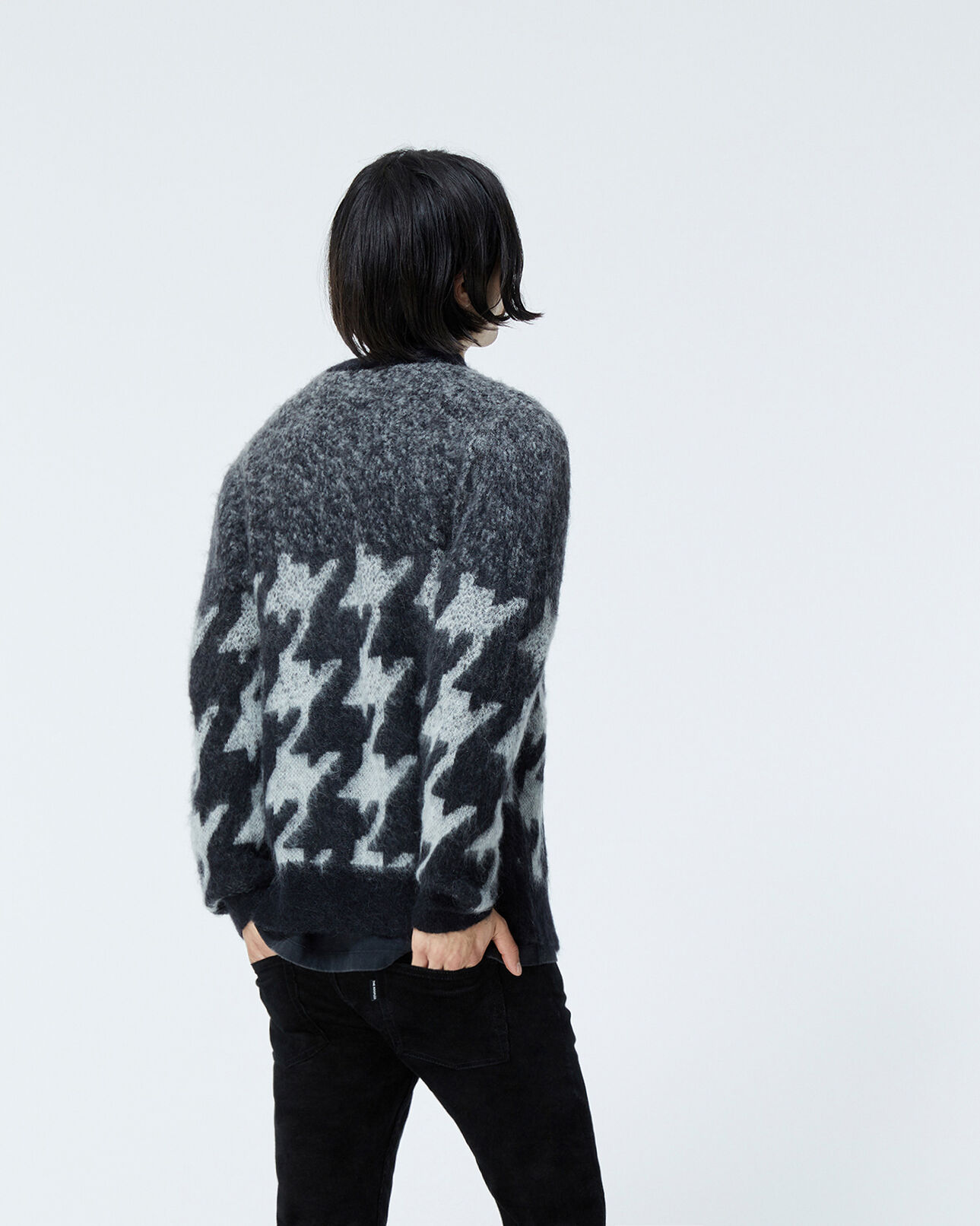 The Kooples HOMME DARK GREY MELANGE / BLACK cardigan mohair noir motif pied-de-poule