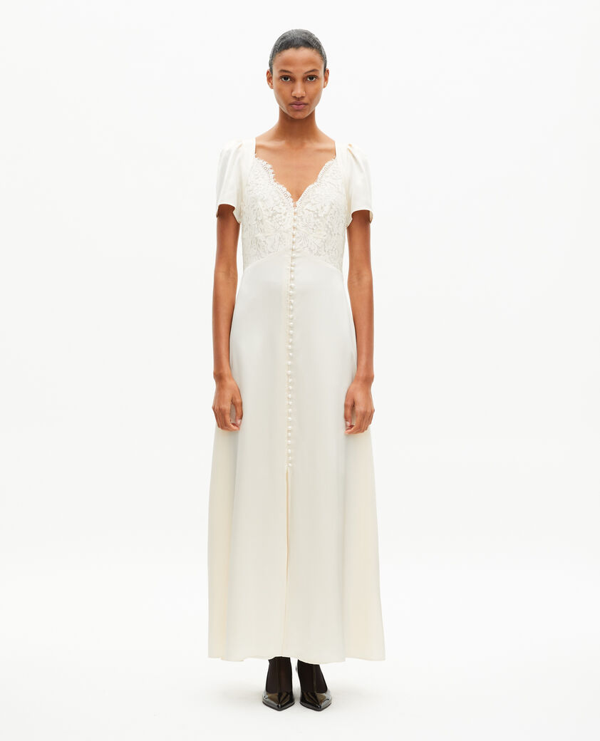 The Kooples FEMME LIGHT BEIGE robe longue en soie avec dentelle ecru