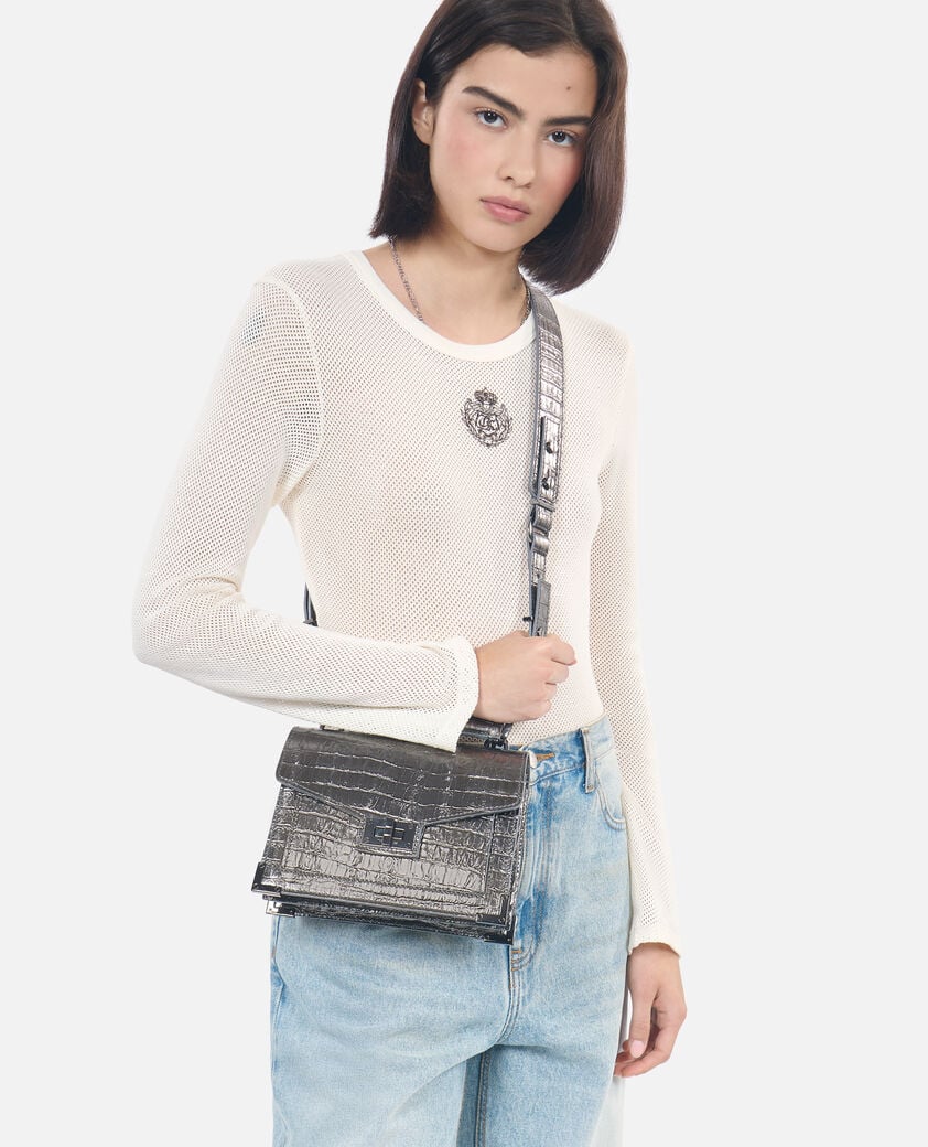 The Kooples DAMEN GUN METAL SILVER tasche emily small aus leder in krokodiloptik gunmetal