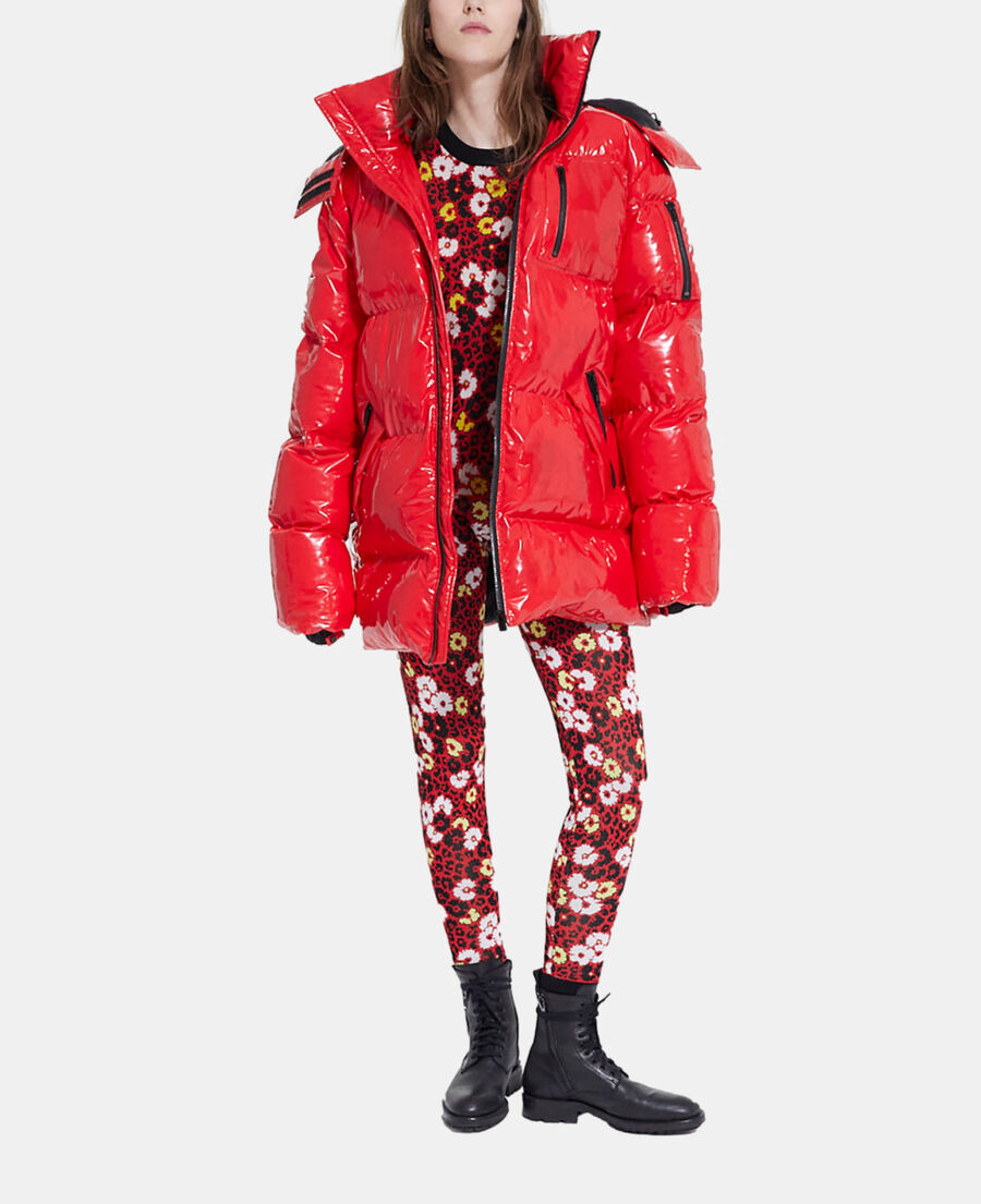 red oversized vinyl down jacket with straps and logo