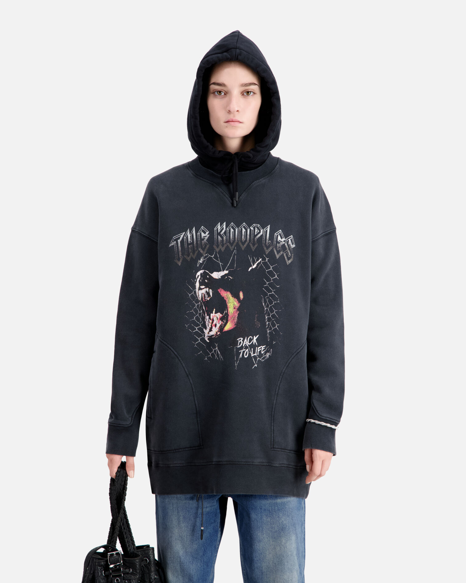 Women's Black sweatshirt dress with Barking dog serigraphy, BLACK WASHED, hi-res image number null
