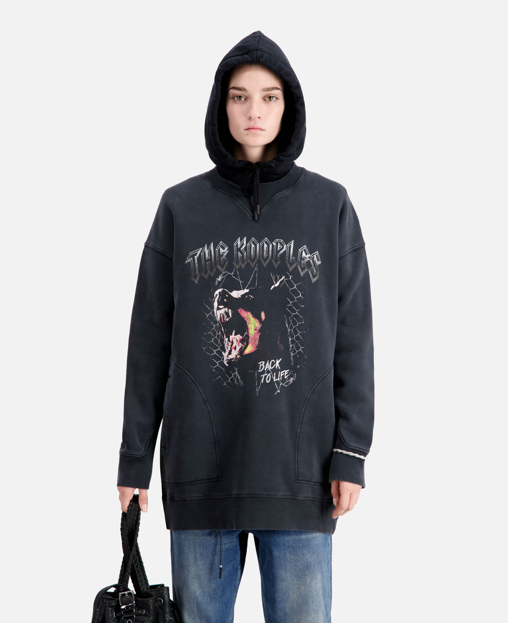 The Kooples FEMME BLACK WASHED robe femme type sweatshirt noire avec sérigraphie barking dog