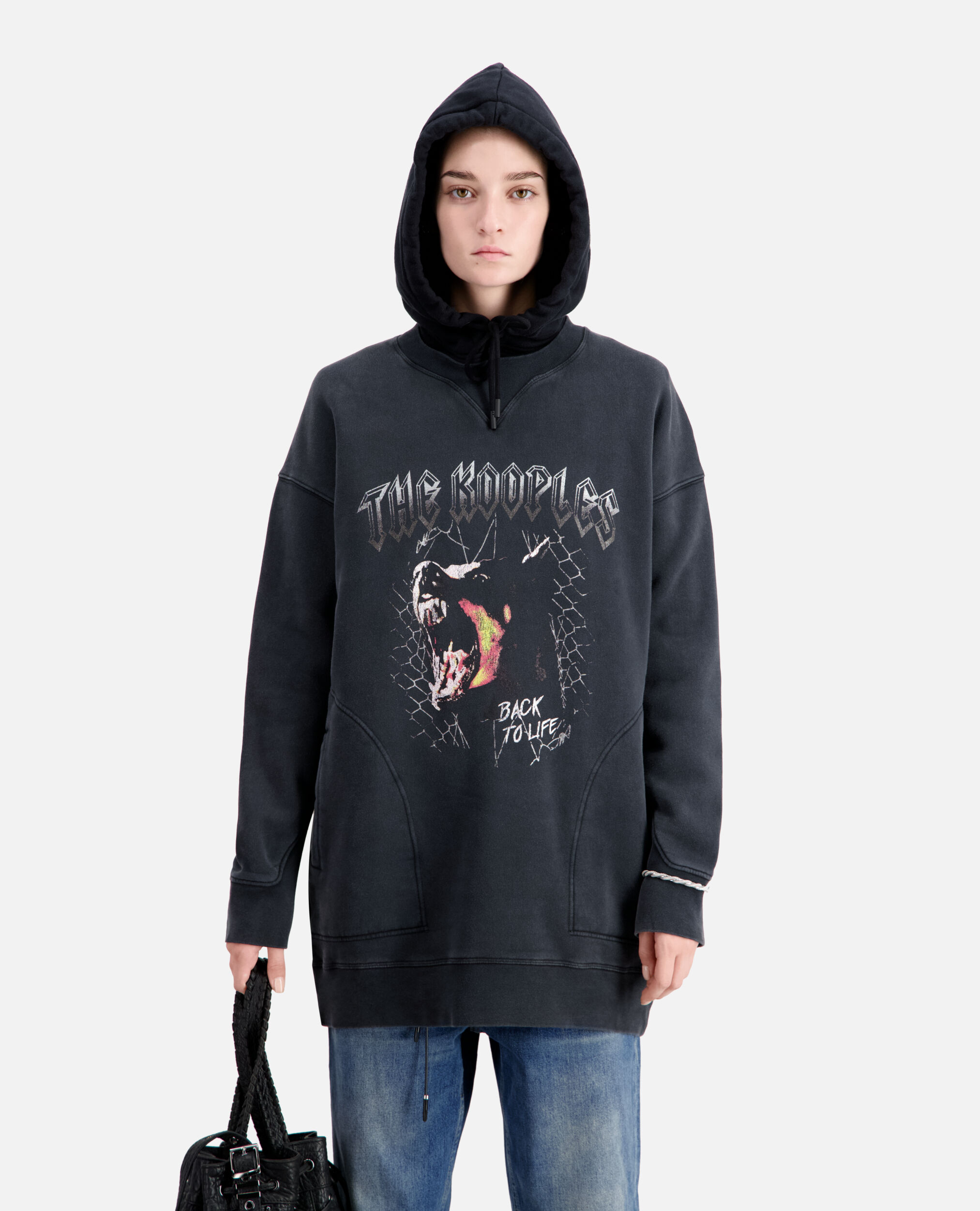 Robe Femme type sweatshirt noire avec sérigraphie Barking dog, BLACK WASHED, hi-res image number null