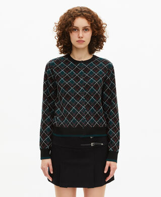 The Kooples DAMEN BLACK DARK GREEN schwarze karierte strickjacke