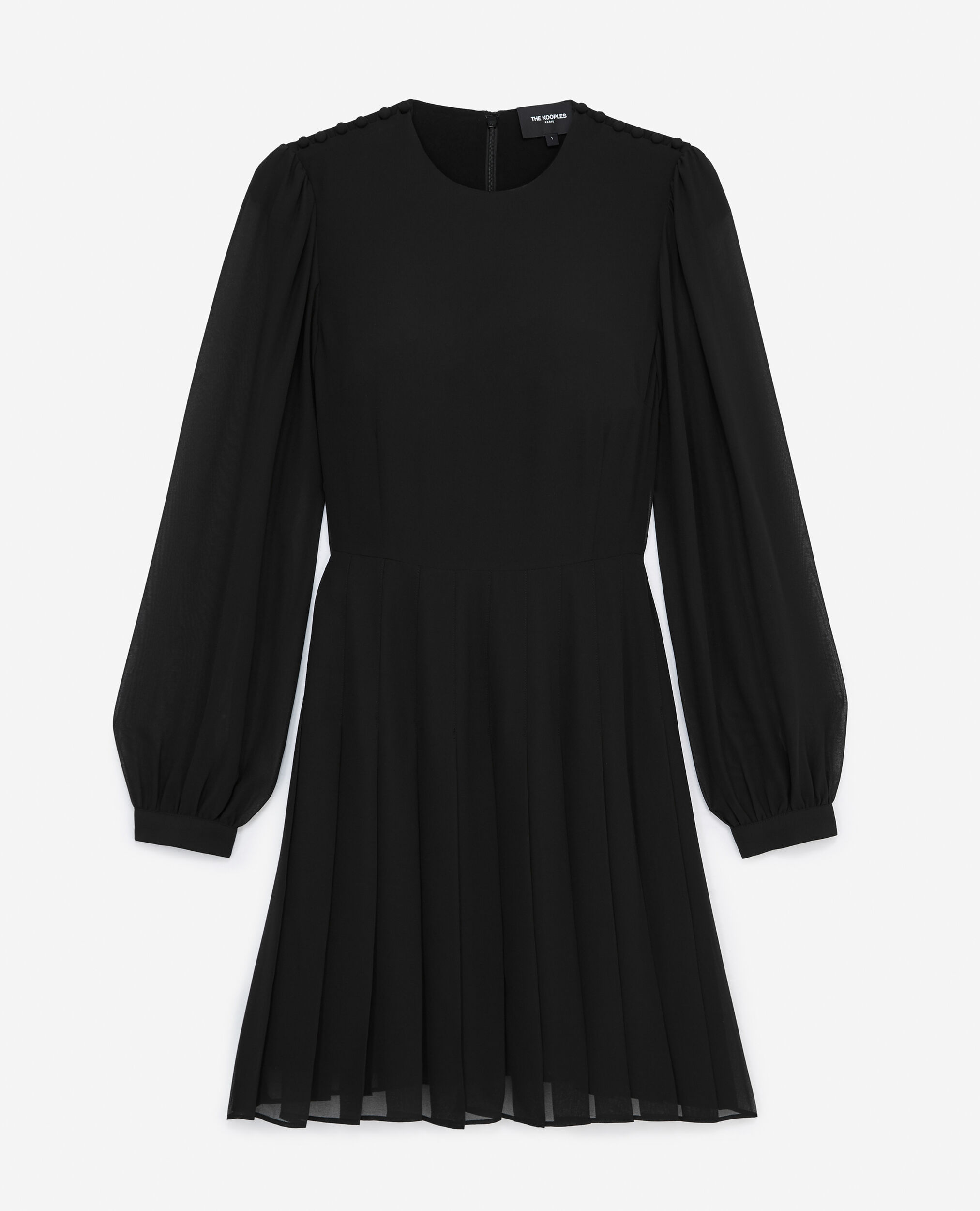Pleated short black dress with shoulder buttons, BLACK, hi-res image number null