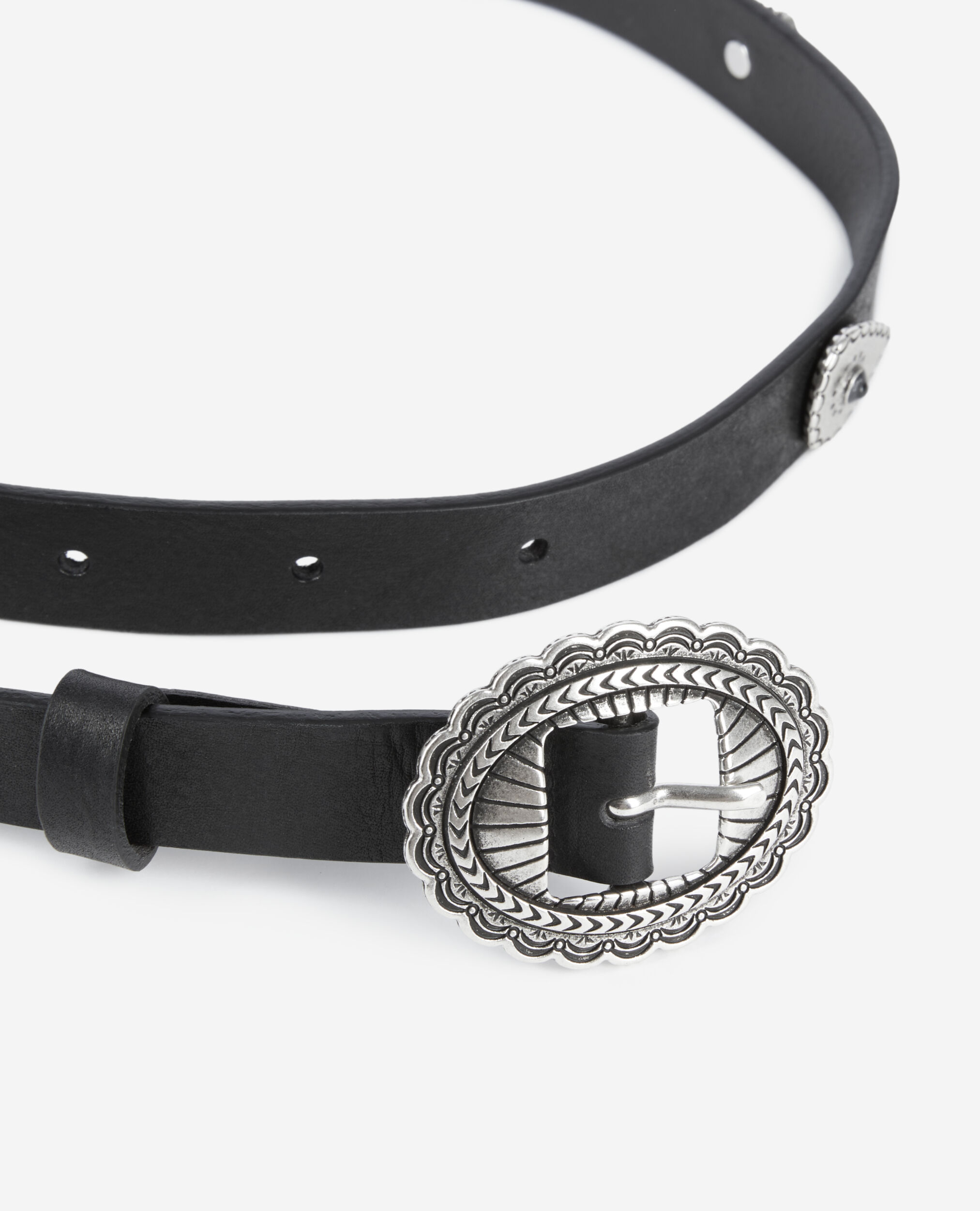 Thin black leather belt with rivets, BLACK, hi-res image number null