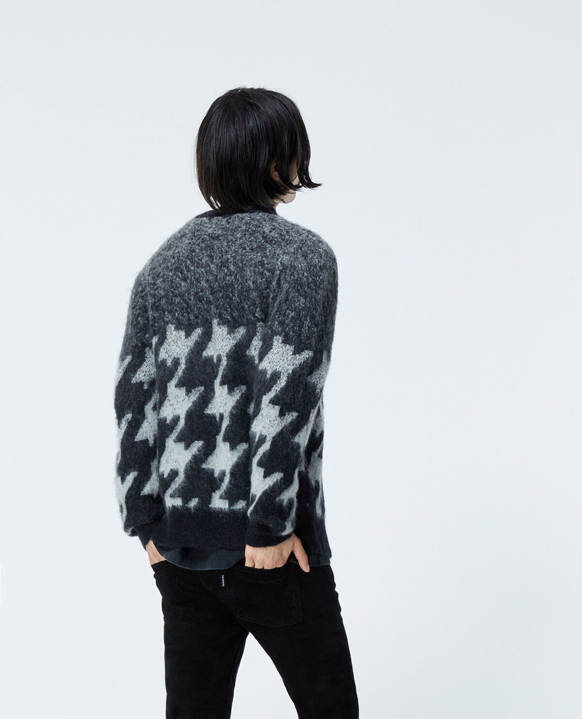 Black mohair cardigan with houndstooth motif
