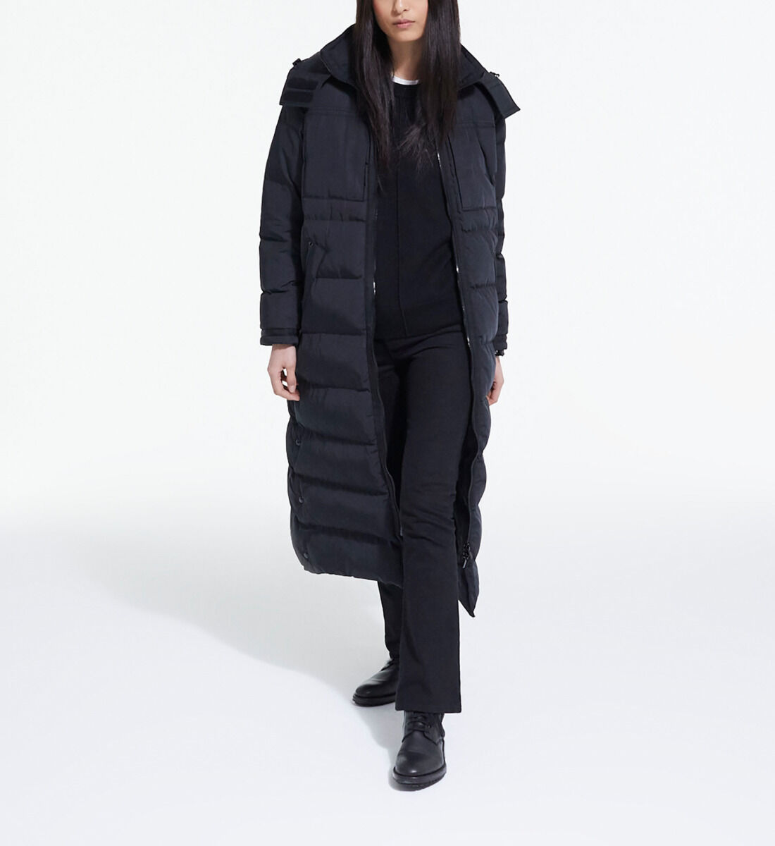 Long black down jacket with straps and logo The Kooples US