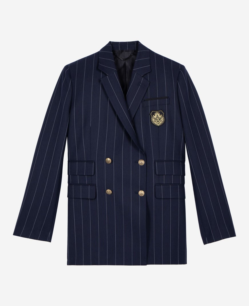 The Kooples FEMME NAVY veste tailleur à rayures tennis en laine mélangée bleu marine