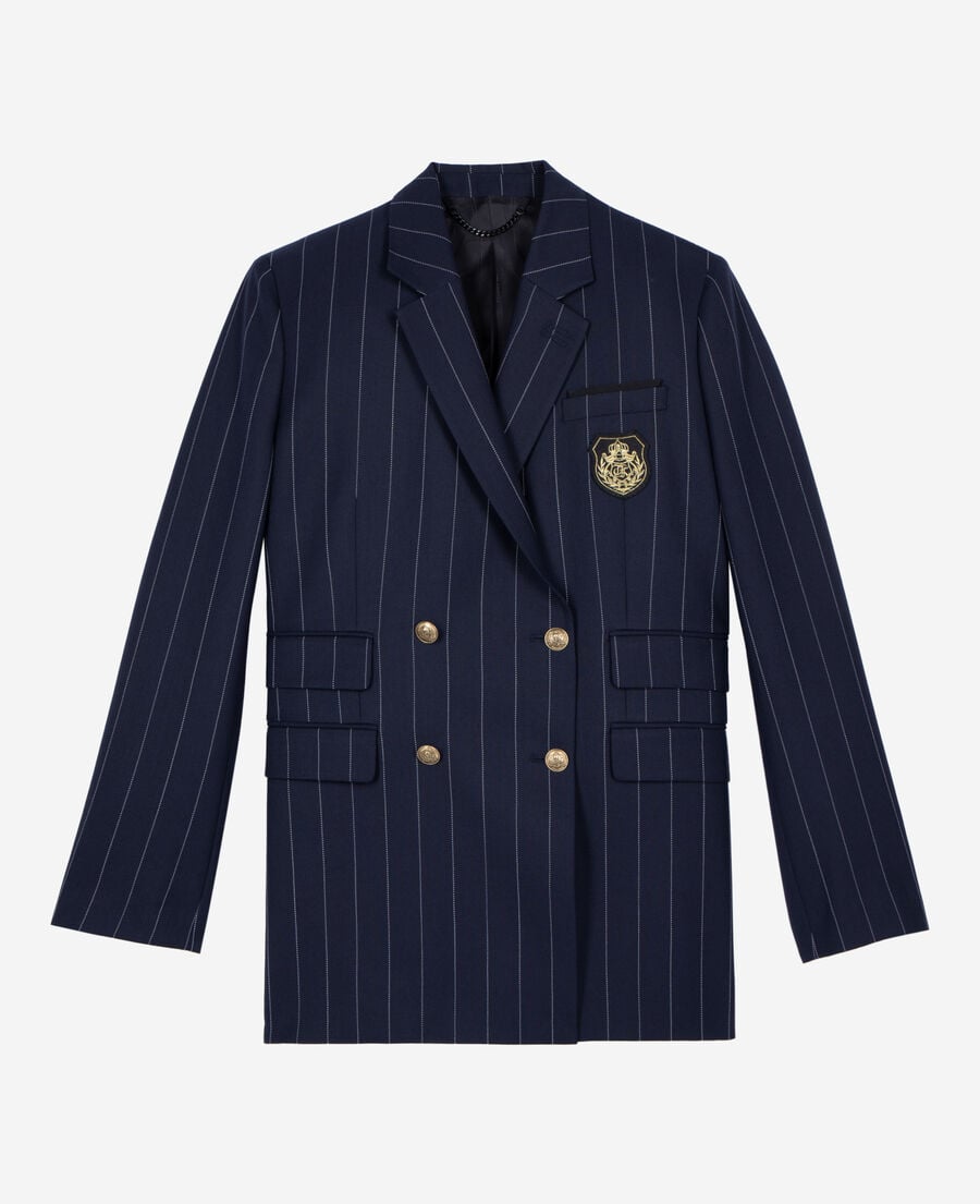 The Kooples WOMEN NAVY navy blue wool blend tennis stripe suit jacket