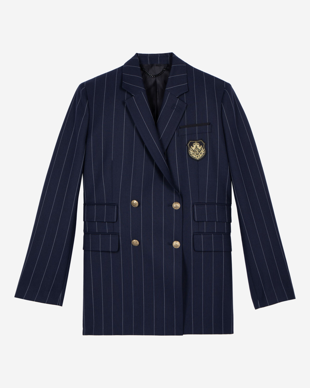 The Kooples WOMEN NAVY navy blue wool blend tennis stripe suit jacket
