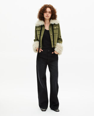 The Kooples WOMEN KAKI short wool jacket with khaki sherpa collar