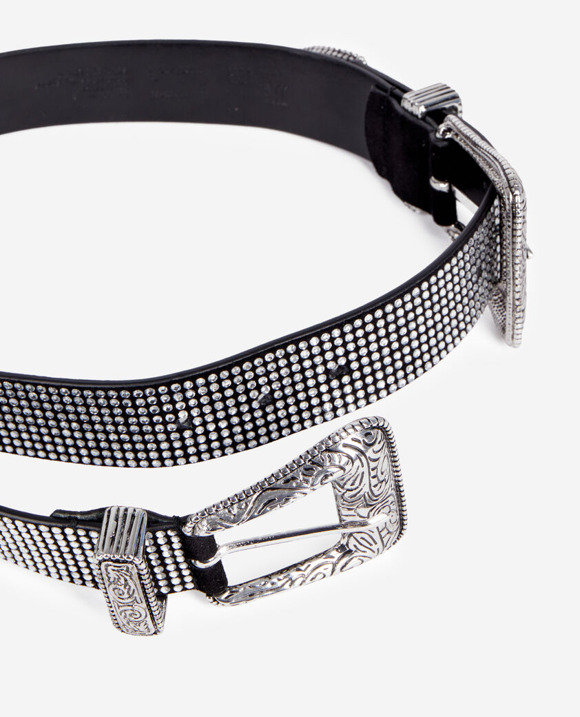 The Kooples WOMEN ANTIC SILVER leather belt with rhinestones and double western buckle