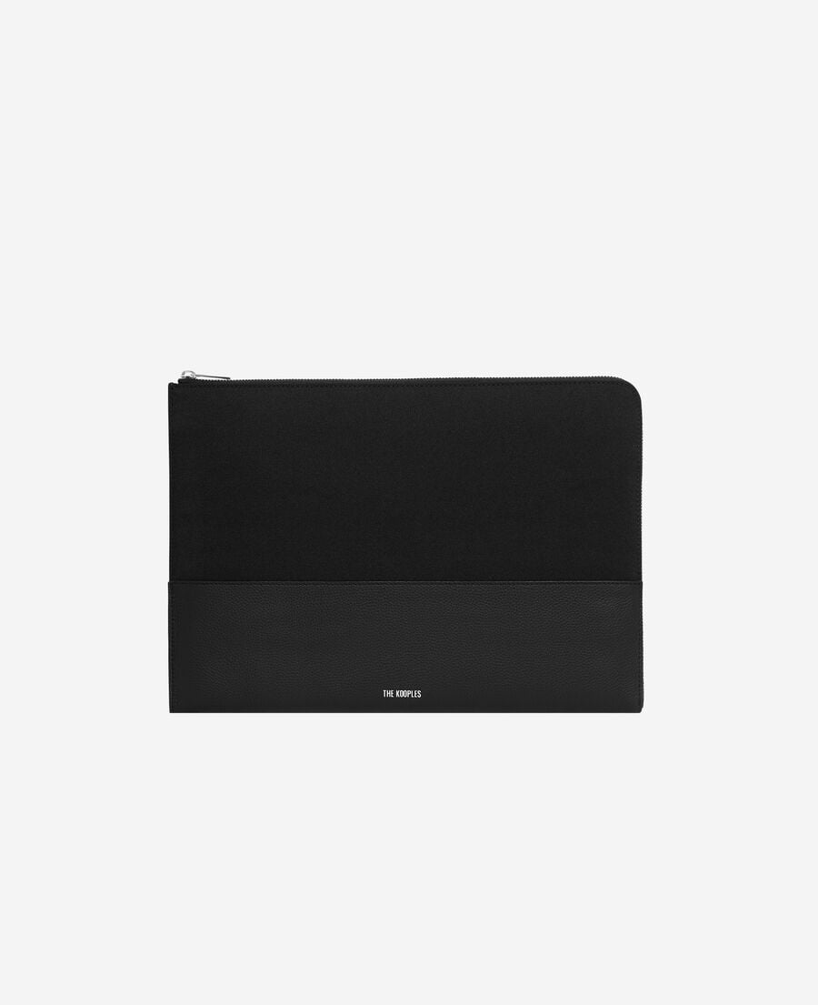 The Kooples HOMME BLACK pochette d'ordinateur en canvas et cuir grain&eacute; noir