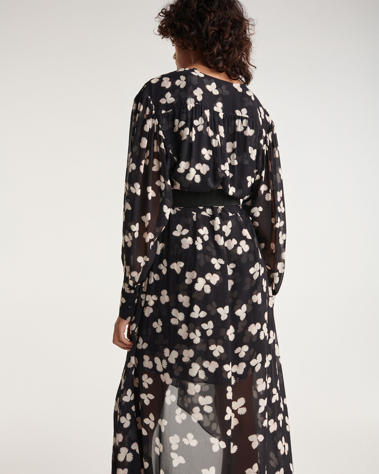 The Kooples FEMME BLACK-ECRU robe longue noire fleurie asymétrique