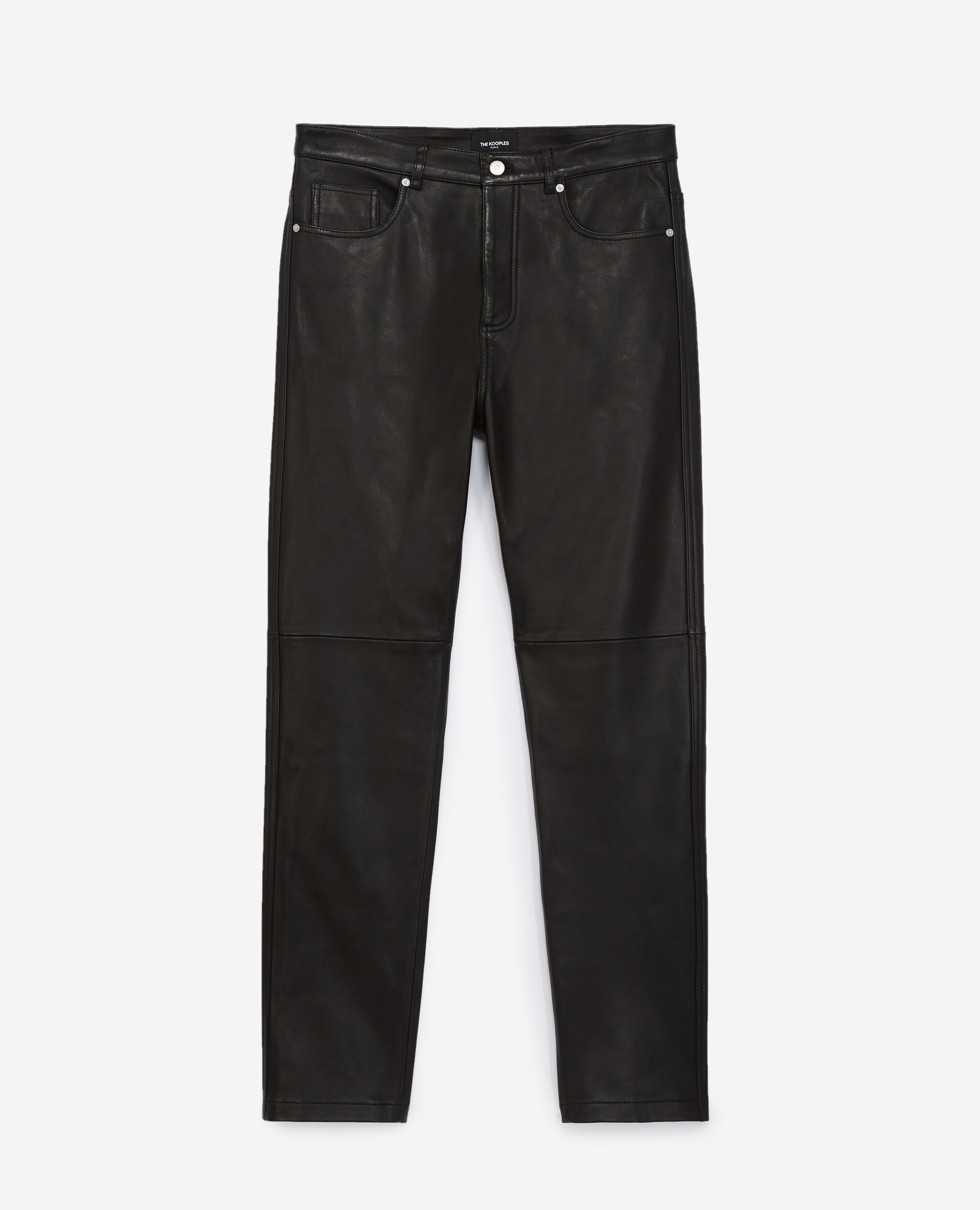 Straight black leather pants with pockets, BLACK, hi-res image number null