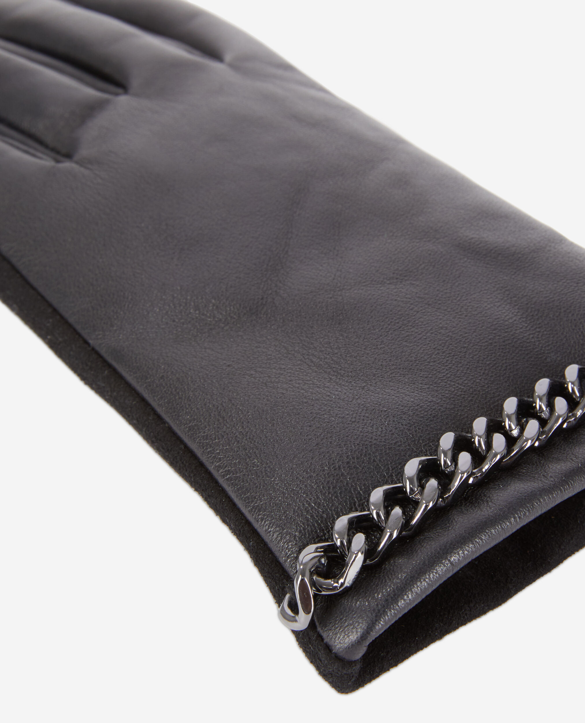 Schwarze Handschuhe Damen aus Leder mit Kette, BLACK, hi-res image number null